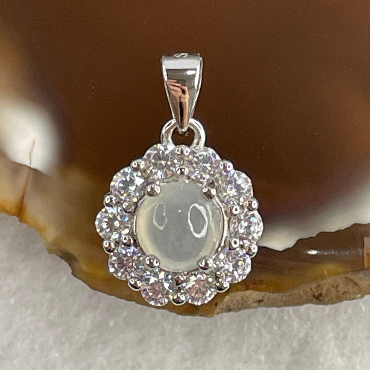 Type A Icy White Jadeite Pendant with Cubic Zirconia in S925 Sliver 1.43g 5.0 by 3.0mm