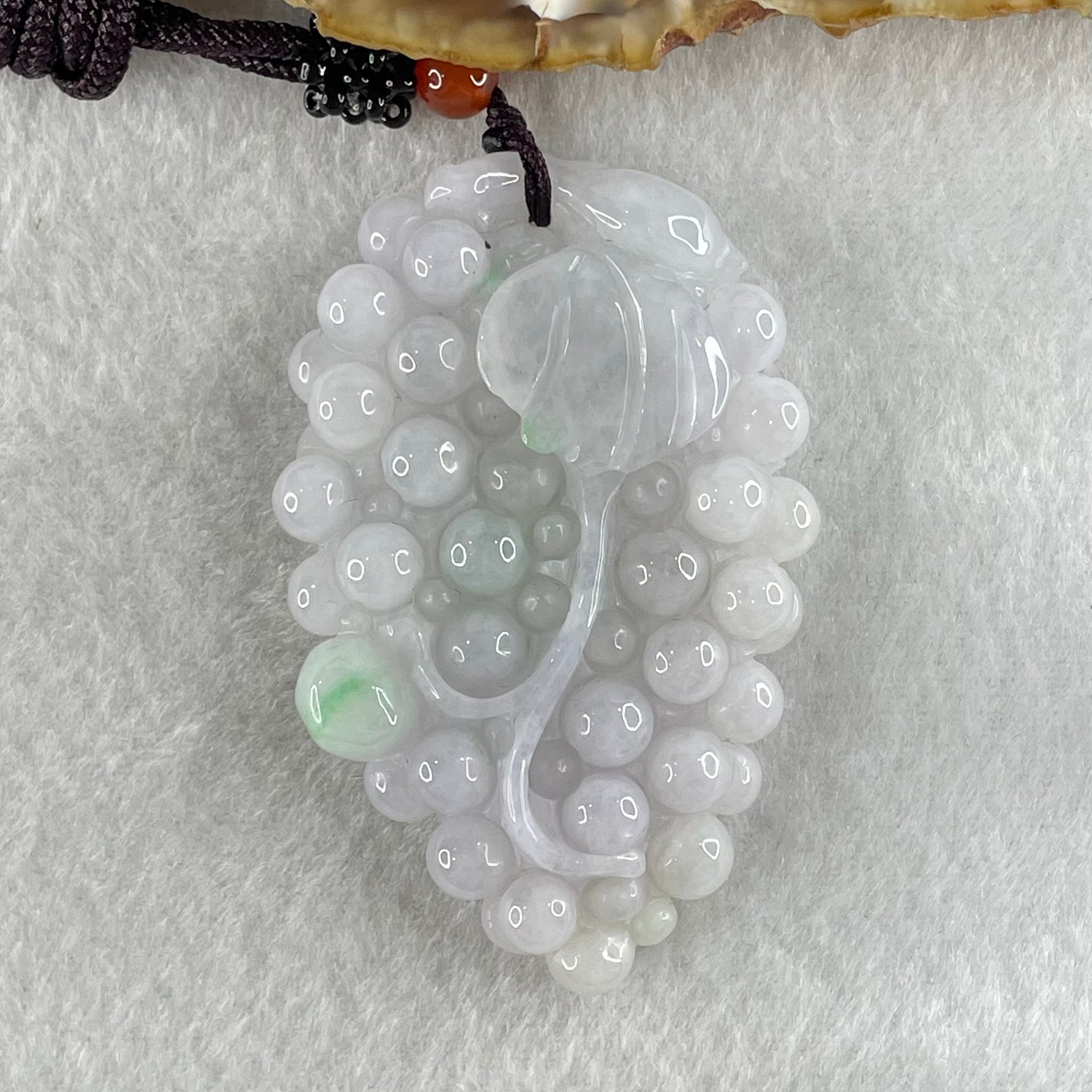 Grandmaster Type A Light Lavender with Green Patch Jadeite Grapes Pendant 《多子多福》 42.08g 60.7 by 39.0 by 11.8mm - Huangs Jadeite and Jewelry Pte Ltd