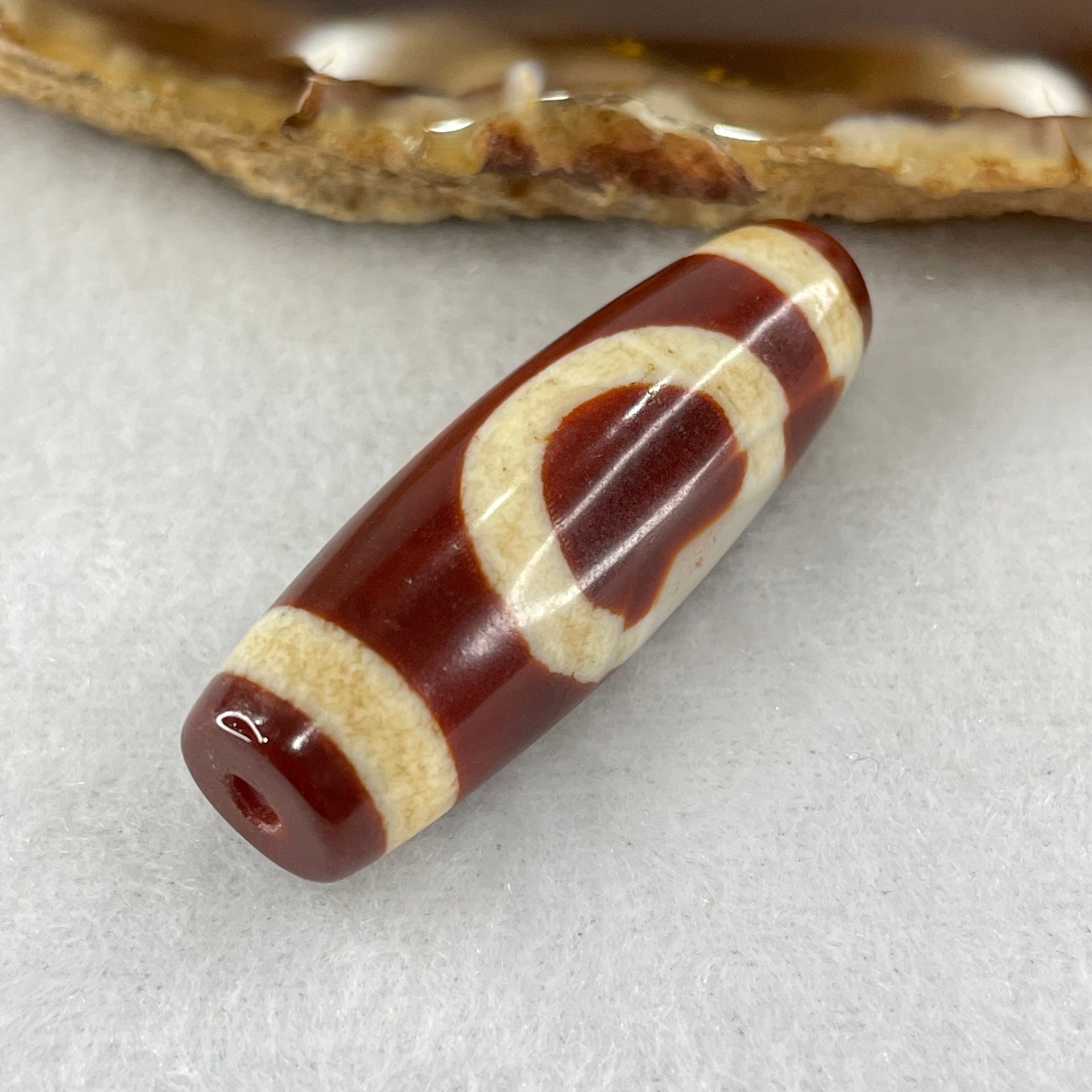 Natural Powerful Tibetan Old Oily Red White Agate One Eye Fire Sign Dzi Bead Heavenly Master (Tian Zhu) 一眼火天珠 9.27g 37.7 by 12.7mm - Huangs Jadeite and Jewelry Pte Ltd