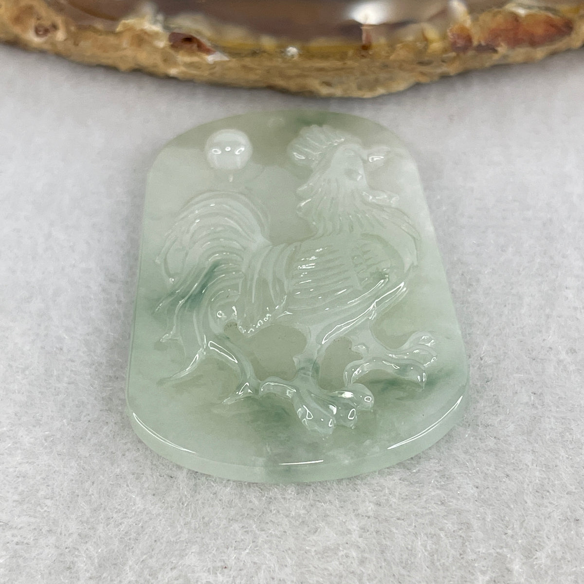 Certified Type A Jelly Light Green with Green Piao Hua Jadeite Rooster Pendant | (12.81g | 43.9x29.5mm | Heart & Solar Plexus Chakra Synergy, Zodiac Rooster Luck, Wealth Awakening & Solar Protection)