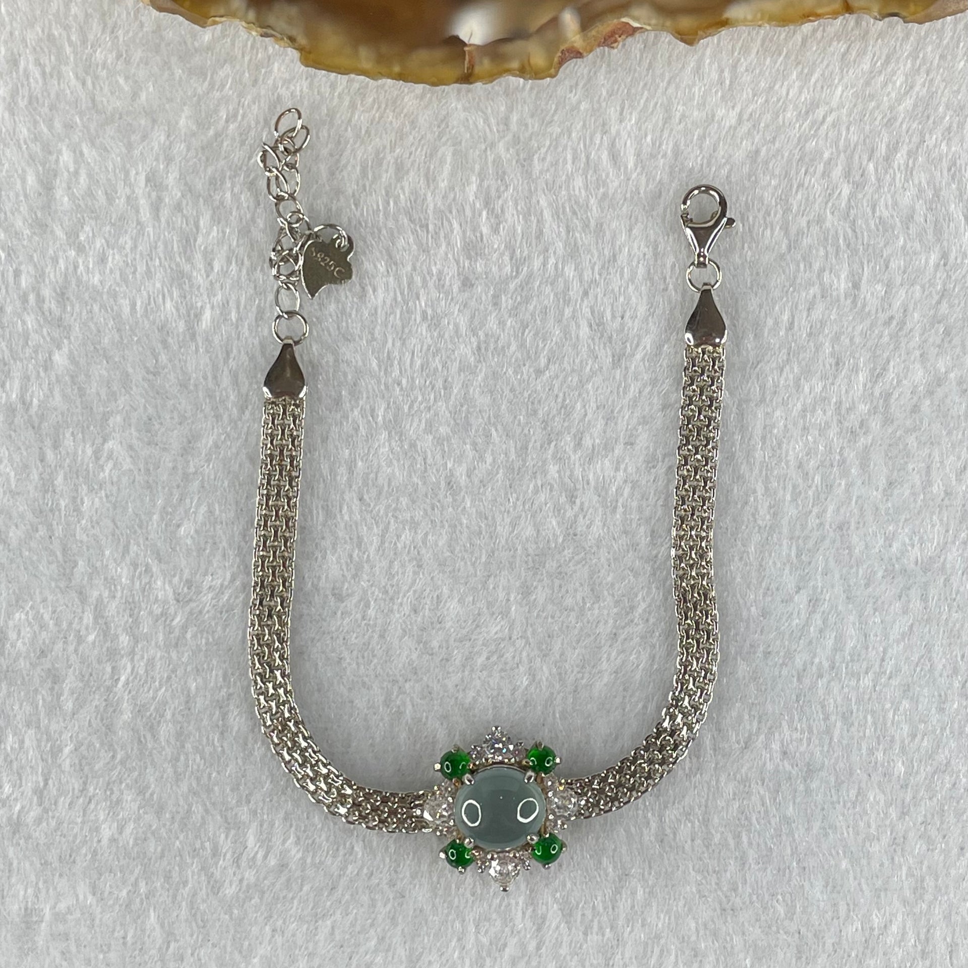 Type A Icy Blueish Green Jadeite Cabochon With Crystals in S925 Sliver Bracelet 5.02g 7.6 by 4.0mm - Huangs Jadeite and Jewelry Pte Ltd