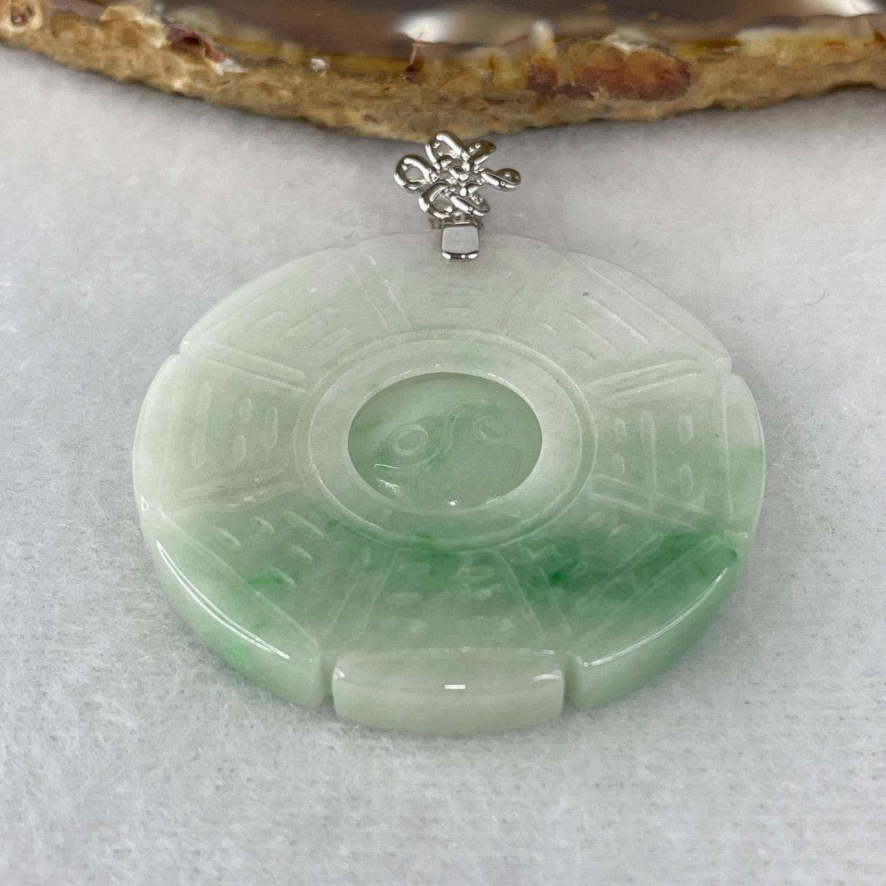 Natural Type A White & Apple Green Jadeite Tai Chi Bagua Pendant | Solid 18K White Gold Clasp | "Supreme Ultimate" Protection & Yin Yang Balance Medallion (21.59g | 41.5x5.0mm)