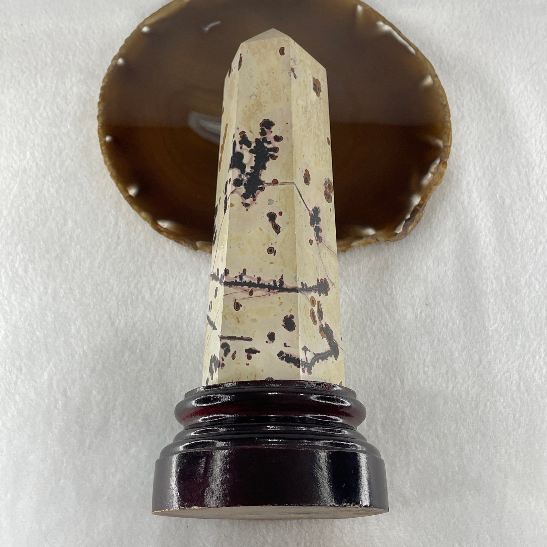 Natural Ligh Brown with Dark Brown Patches Dendritic Jasper Tower with Wooden Stand 681.17g 79.6 by 73.9 by 200.0mm - Huangs Jadeite and Jewelry Pte Ltd