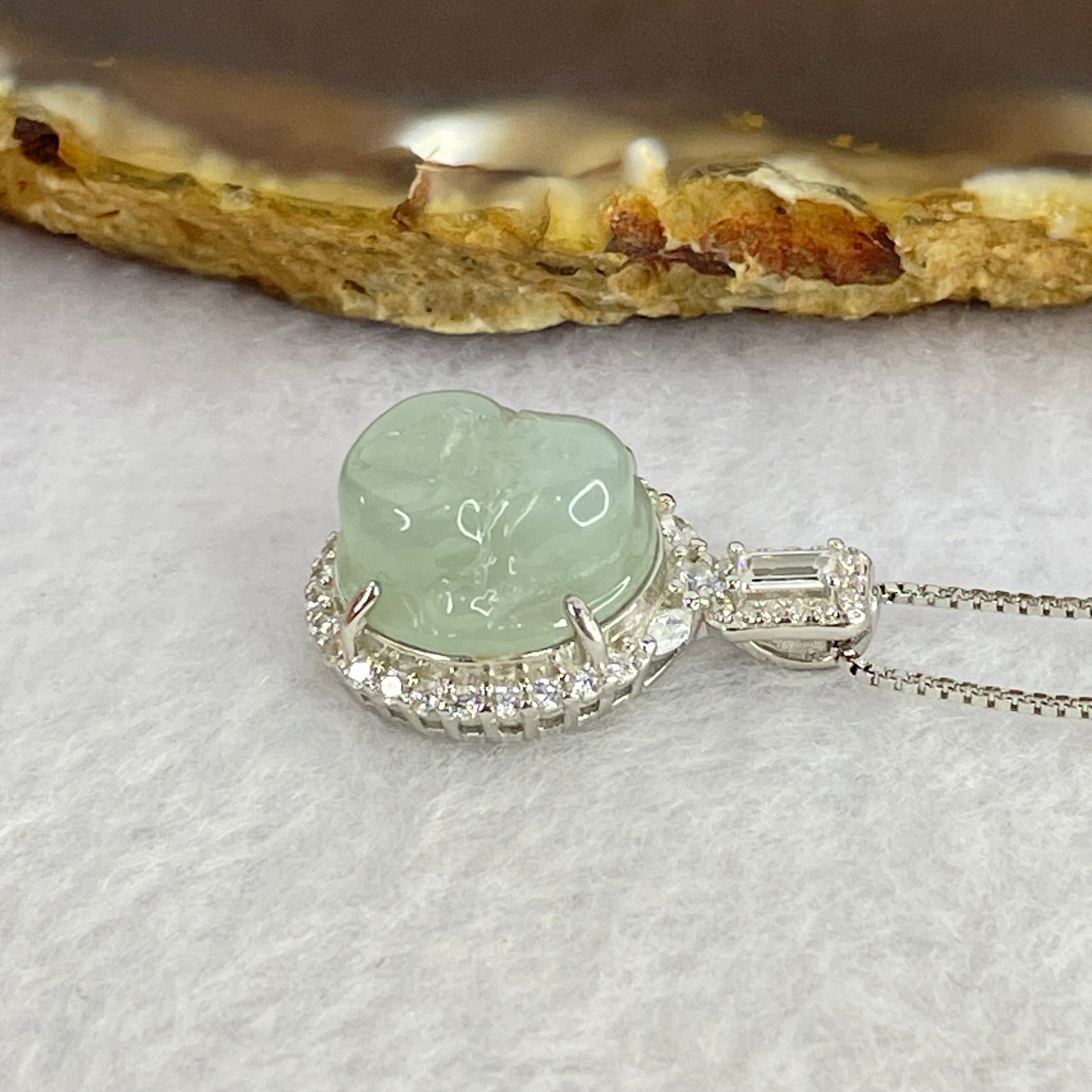 Type A Semi Icy Light Blueish Green Milo Buddha with Crystals in S925 Sliver Pendant and Necklace 6.13g 14.9 by 14.9 by 7.8mm - Huangs Jadeite and Jewelry Pte Ltd