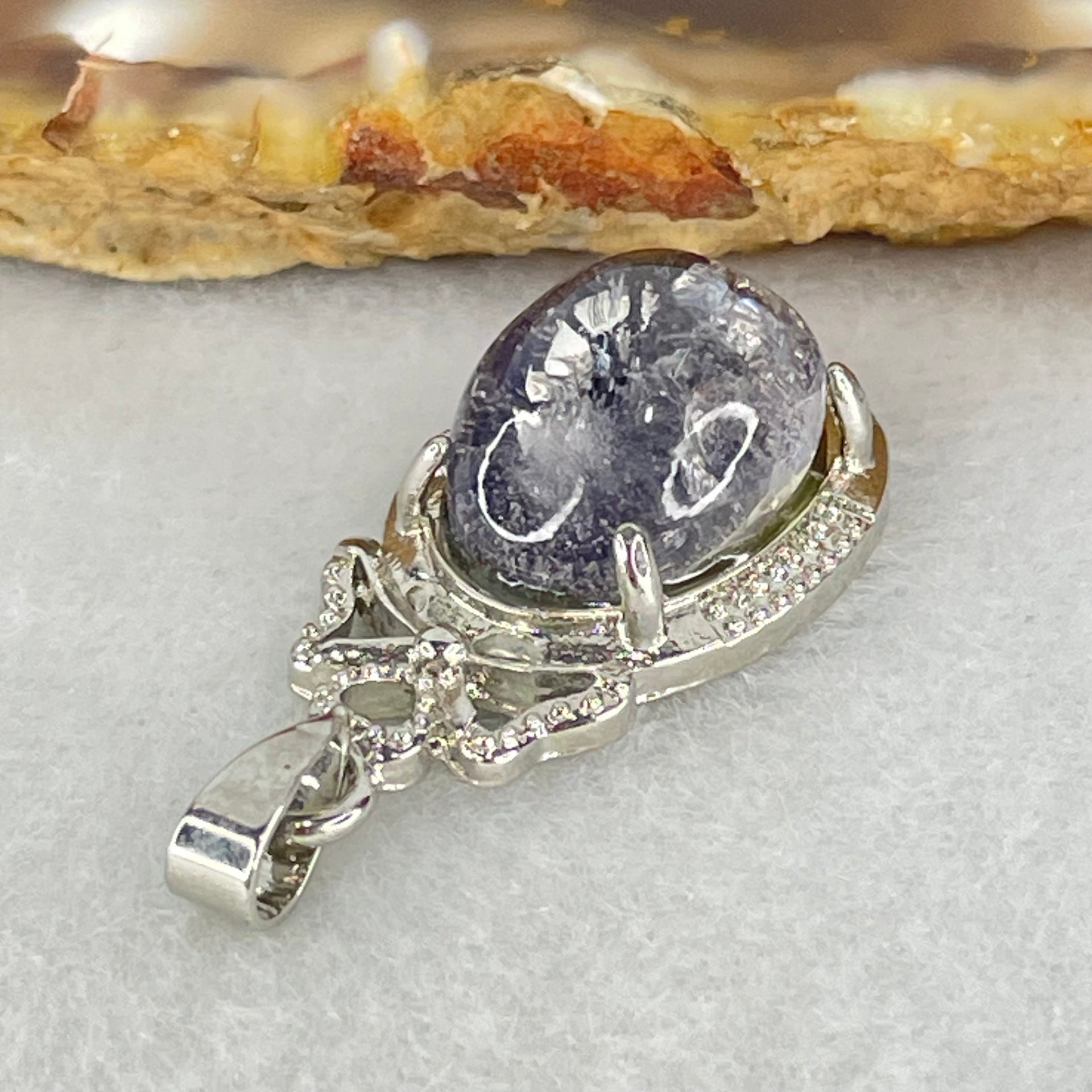 Good Grade Rare Natural Blue Dumortierite Rutilated Quartz in S925 Pendant 3.67g 12.7 by 10.9 by 7.5mm - Huangs Jadeite and Jewelry Pte Ltd