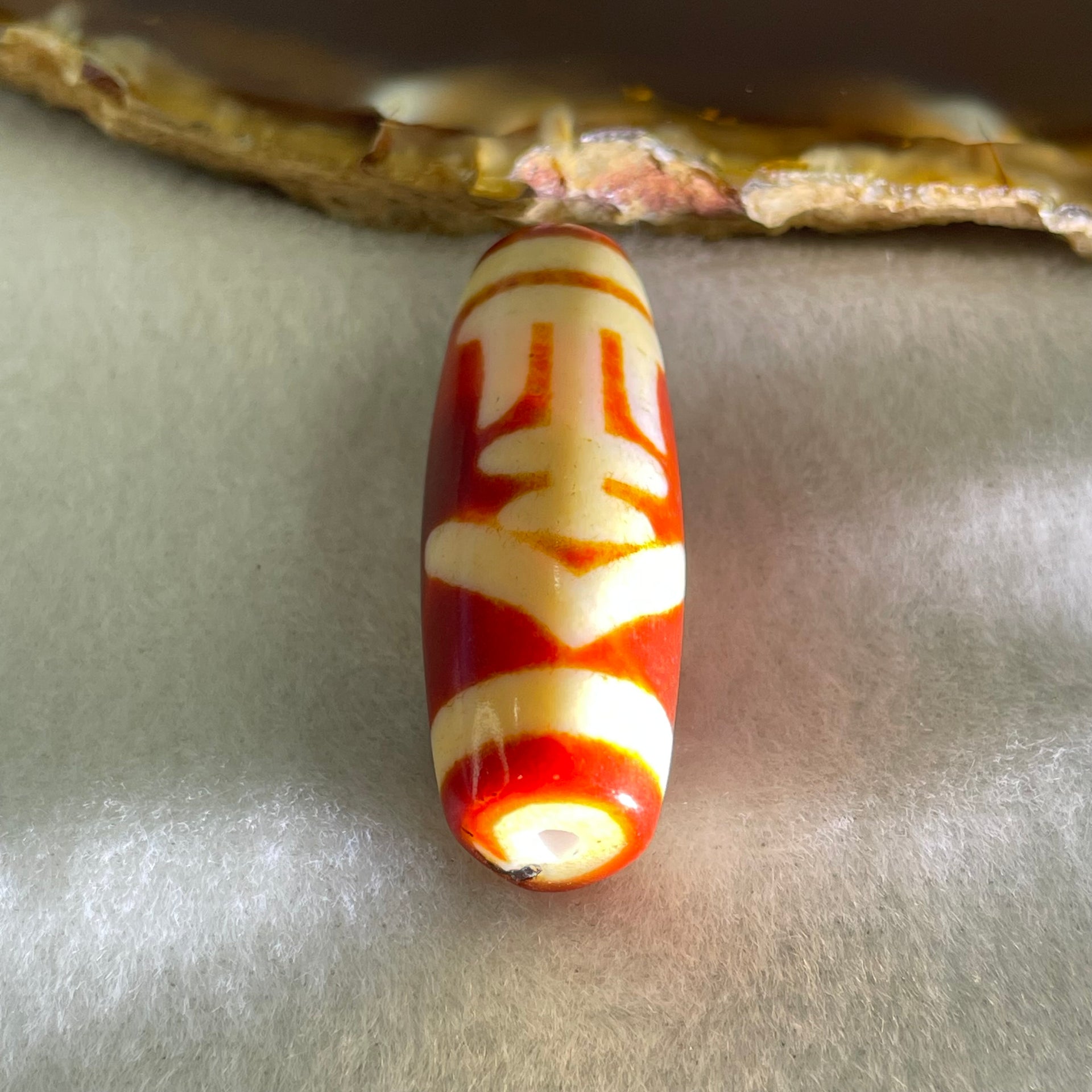 Natural Powerful Tibetan Old Oily Red White Agate One Eye Gold Metal Element Dzi Bead Heavenly Master (Tian Zhu) 一眼金天珠 11.50g 38.6 by 13.9mm - Huangs Jadeite and Jewelry Pte Ltd