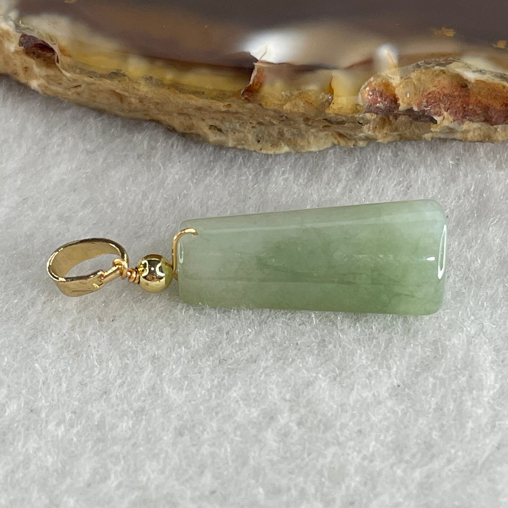 Type A Faint Green with Green Patches Jadeite Wu Shi Pai Pendant 2.46g 19.9 by 8.9 by 5.5mm - Huangs Jadeite and Jewelry Pte Ltd