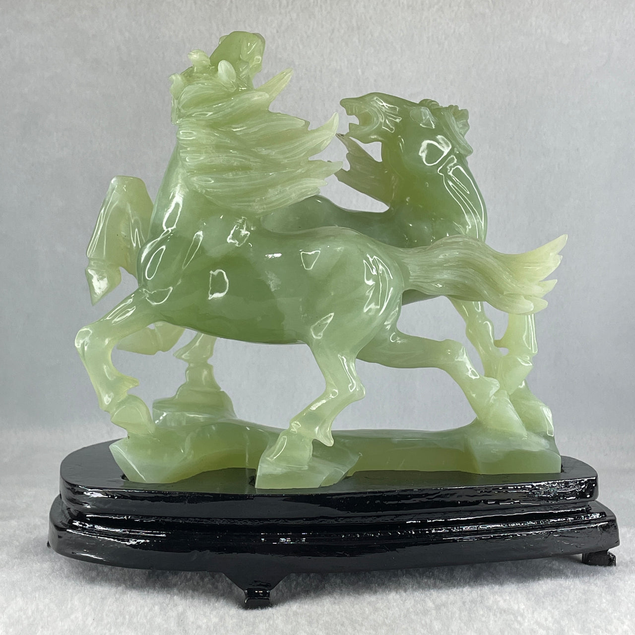 Natural Green Serpentine Double Victory Horses with Wooden Stand Display 1,339.7g 198.0 by 193.0 by 120.0mm - Huangs Jadeite and Jewelry Pte Ltd