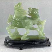 Natural Green Serpentine Double Victory Horses with Wooden Stand Display 1,339.7g 198.0 by 193.0 by 120.0mm - Huangs Jadeite and Jewelry Pte Ltd