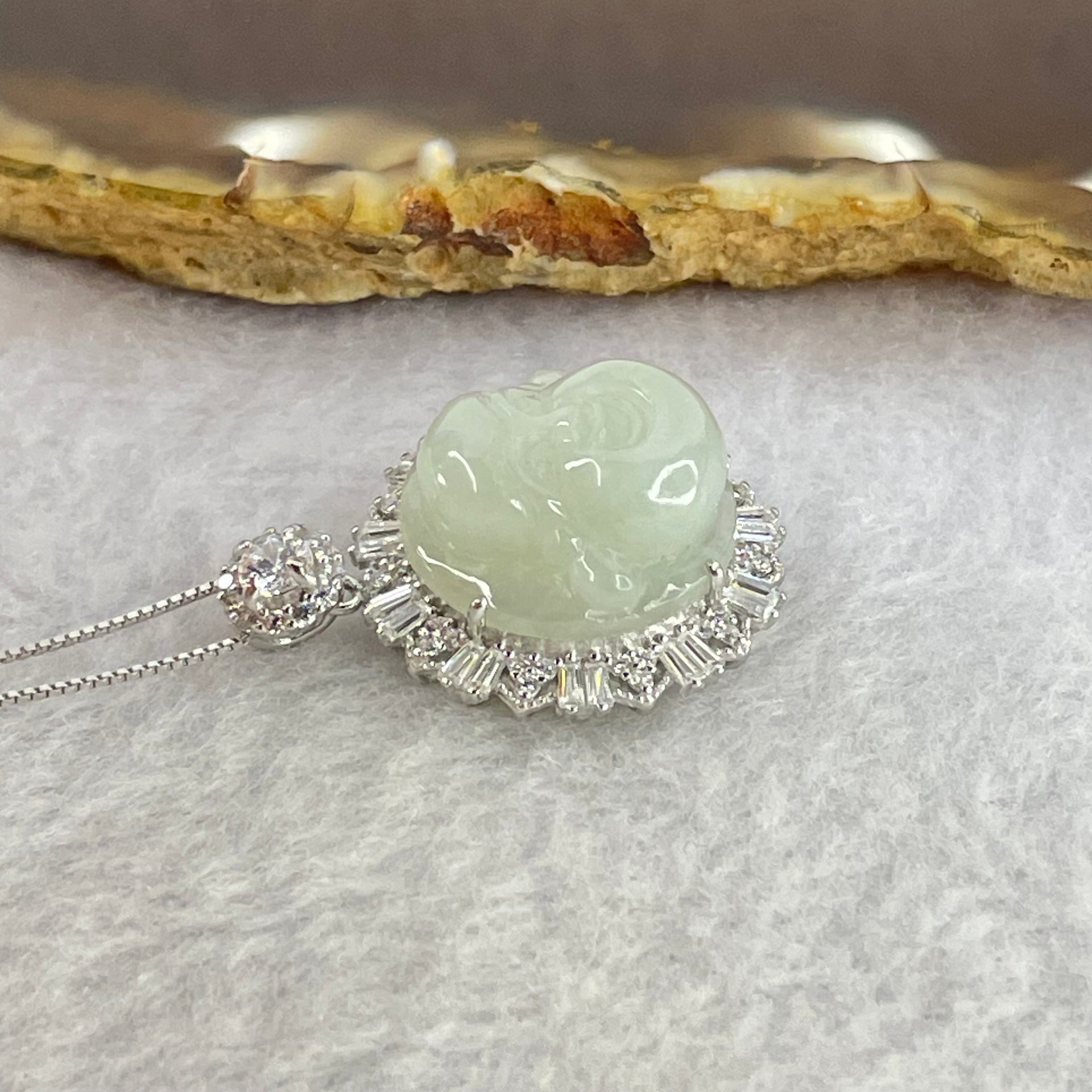 Type A Faint Green Lavender Milo Buddha with Crystals in S925 Sliver Pendant and Necklace 6.77g 16.5 by 16.5 by 7.5mm - Huangs Jadeite and Jewelry Pte Ltd