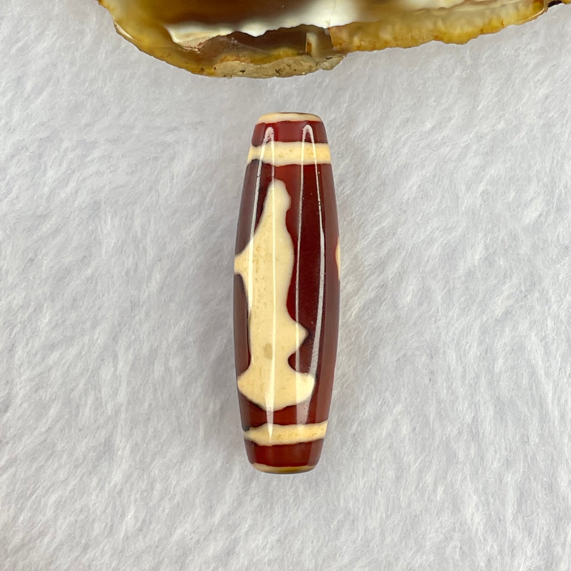 Natural Powerful Tibetan Old Oily Red and Yellowish White Agate Guan Yin Dzi Bead Heavenly Master (Tian Zhu) 观音天诛 8.61g 40.3 by 12.1mm - Huangs Jadeite and Jewelry Pte Ltd