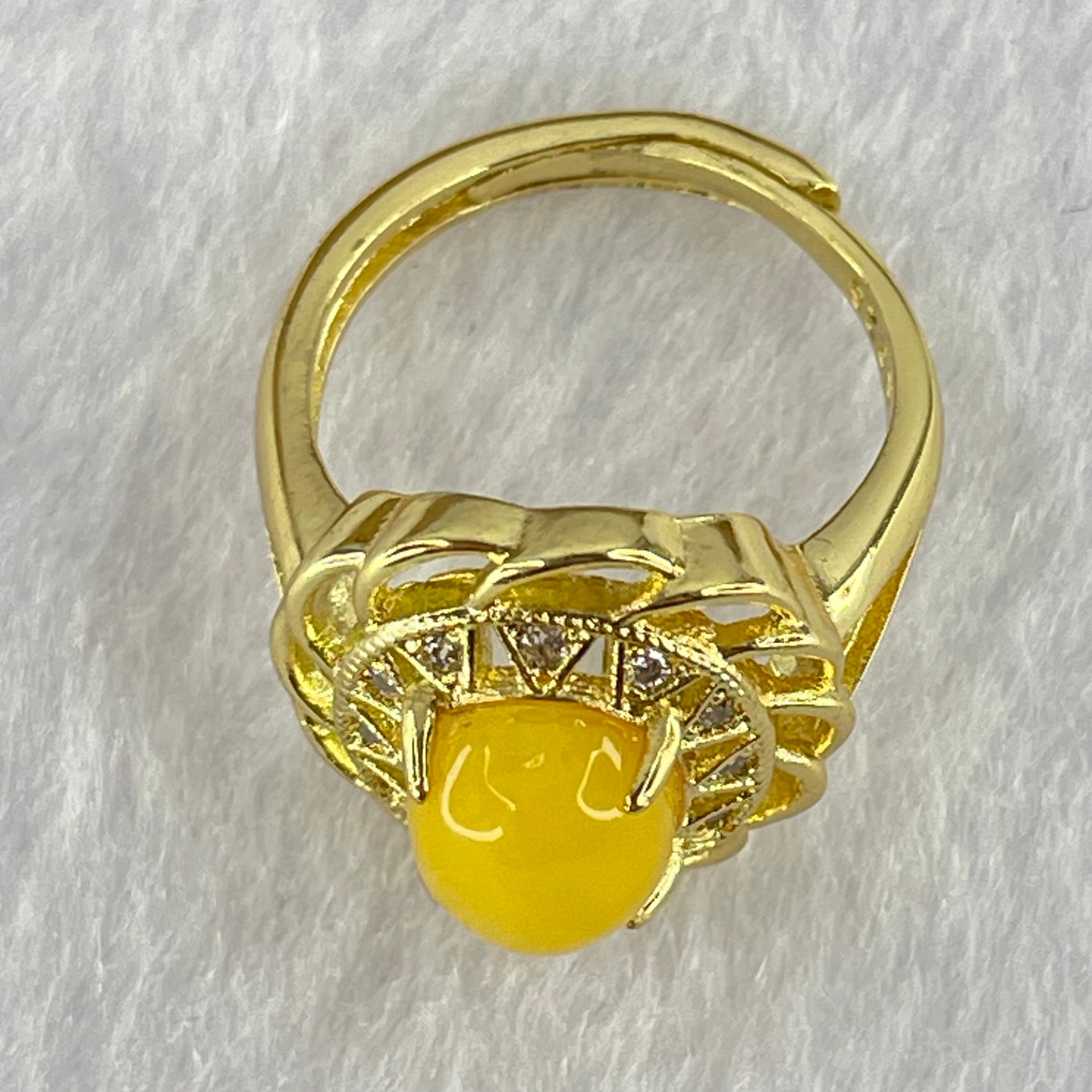 Natural Butterscotch Amber With Crystals in S925 Sliver Gold Color Ring (Adjustable Size) 3.68g 9.6 by 7.2 by 6.0mm - Huangs Jadeite and Jewelry Pte Ltd