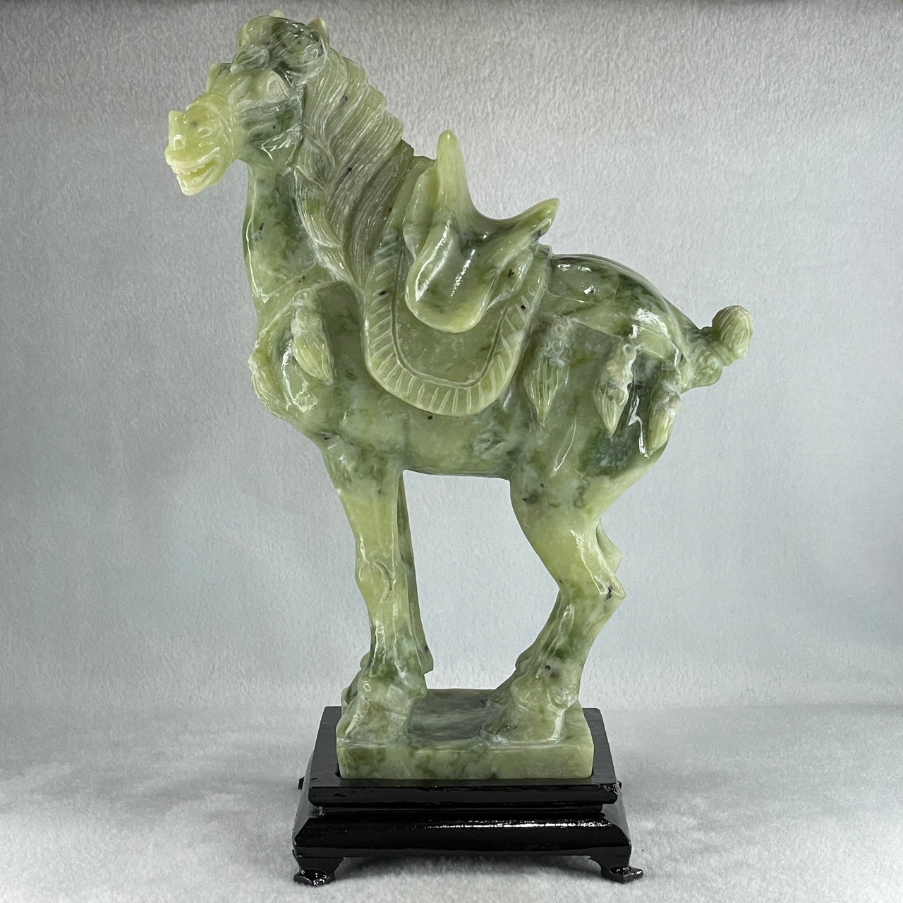Natural Green Serpentine Victory Horse with Wooden Stand Display 2,539.2g 187.0 by 273.0 by 110.0mm - Huangs Jadeite and Jewelry Pte Ltd