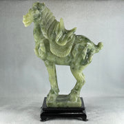 Natural Green Serpentine Victory Horse with Wooden Stand Display 2,539.2g 187.0 by 273.0 by 110.0mm - Huangs Jadeite and Jewelry Pte Ltd