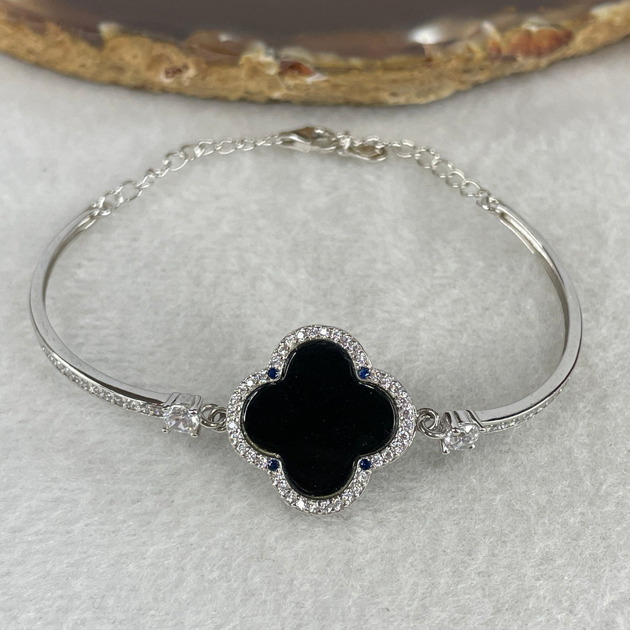 Type A Fully Translucent Black Omphacite Jadeite Spinning Four-Leaf Clover Bracelet | Kinetic Anti-Anxiety Luxury Jewelry | Solid S925 Sterling Silver |  13-16cm Wrist Fit (5.63g 13.2x2.0mm)