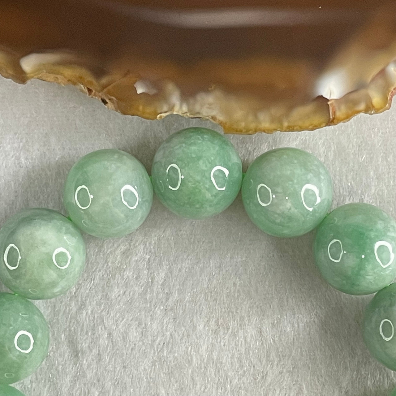 Type A Green Jadeite Beads Bracelet 60.56g 16.5cm 13.1mm 16 Beads - Huangs Jadeite and Jewelry Pte Ltd