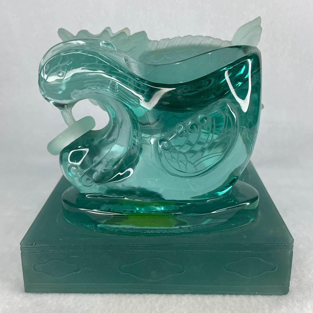 Blueish Green Liuli Glass Phoenix Qili Cup - 127x128x130mm - 2,362.5g Ancient Style Chinese Wine Vessel - Heavyweight Translucent Mythical Sculpture