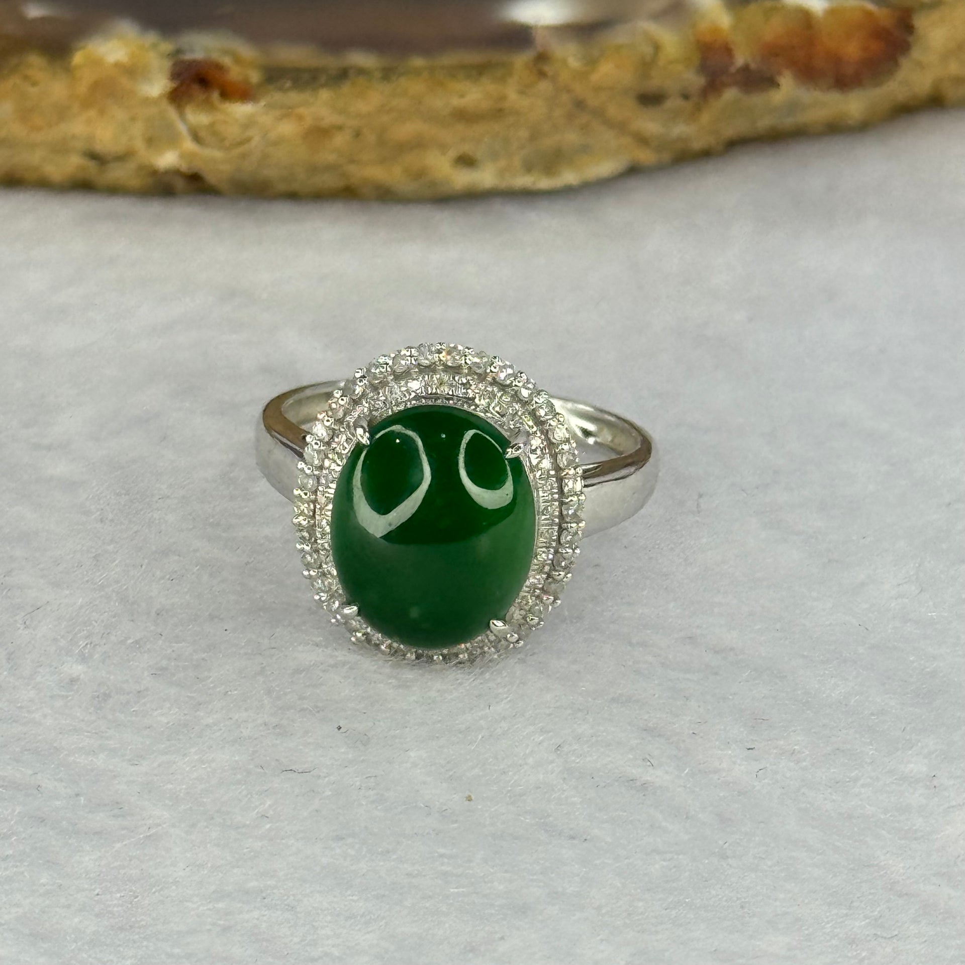 Type A Green Jadeite with Diamonds in 18K White Gold 3.60g 11.5 by 9.3 by 4.2mm - Huangs Jadeite and Jewelry Pte Ltd