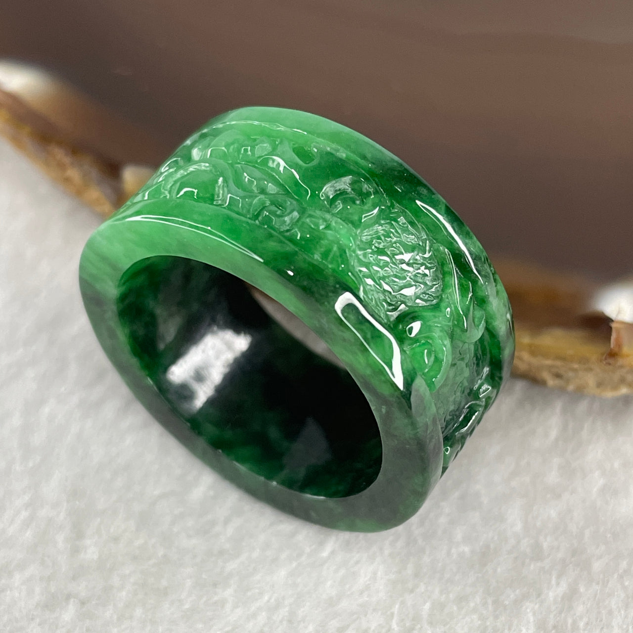 Certified Type A Burmese Old Mine Green Om Mani PadMe Hum Jade Jadeite Ring 11.31g US13.75 HK31 Inner Diameter 23.1mm - Huangs Jadeite and Jewelry Pte Ltd