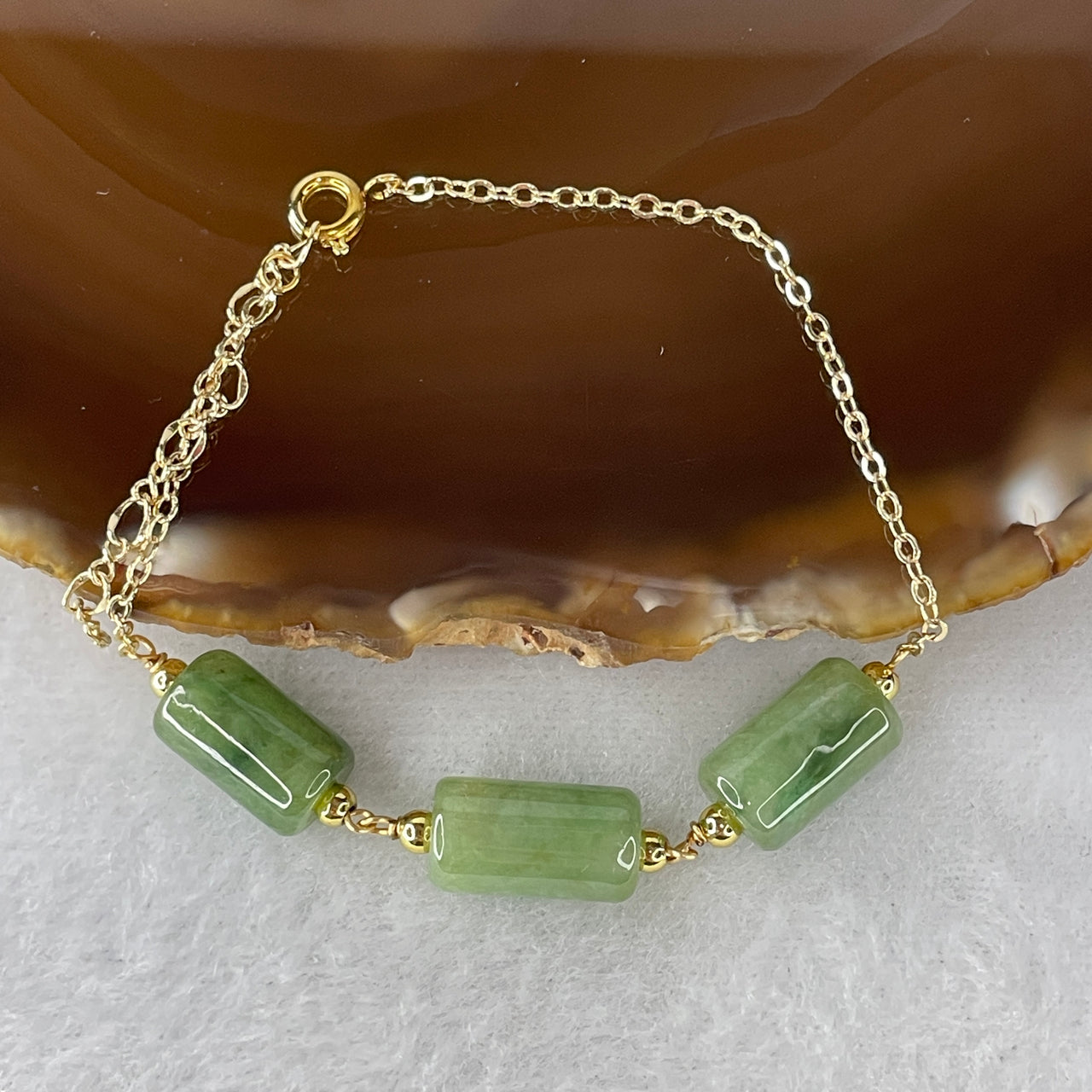 Natural Type A Green Jadeite Bracelet | Gold Color Lulutong Barrel Bead Adjustable Charm Bracelet (6.79g, 14-17cm 7.9x3.1mm)