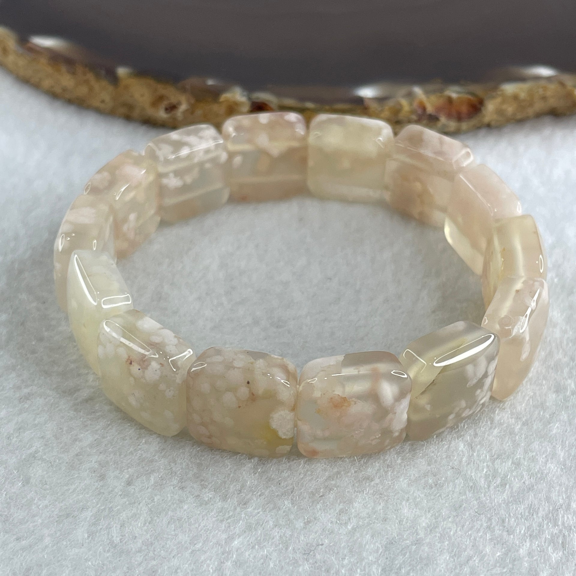 Natural Pinkish Flower Agate Shou Pai Bracelet 38.03g 16.5cm 14.2mm 14 Pcs - Huangs Jadeite and Jewelry Pte Ltd