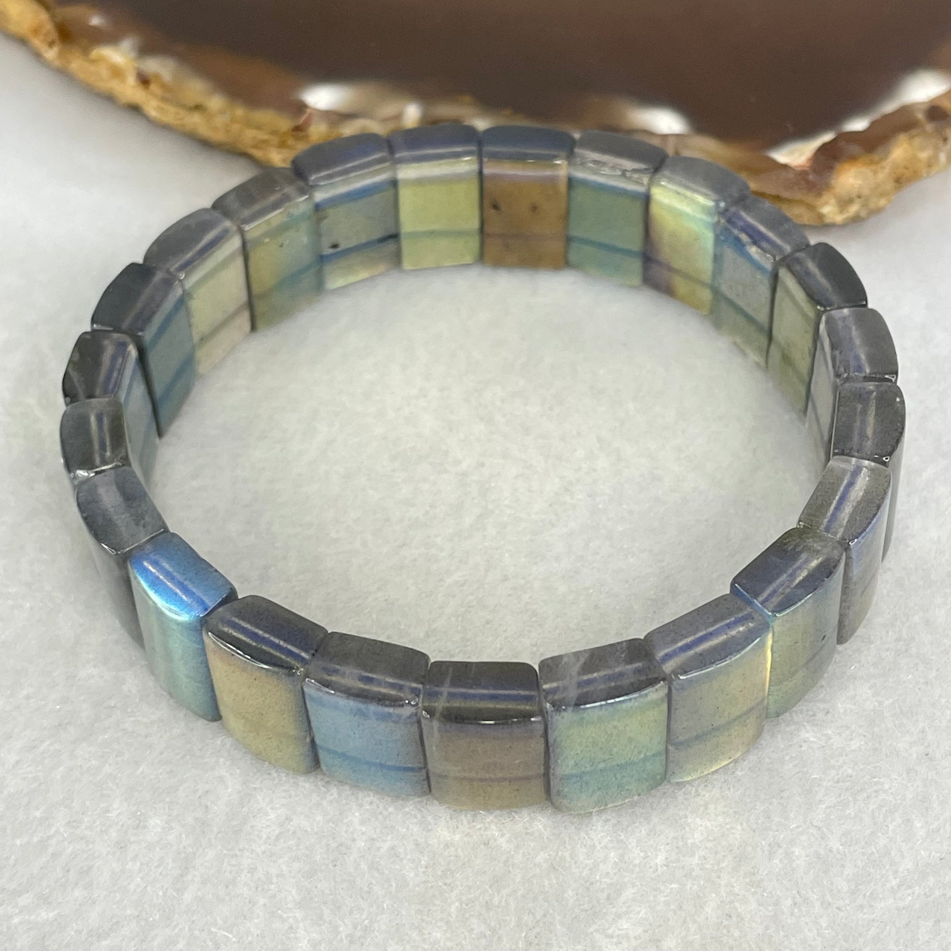 Good Grade Natural Labradorite Shou Pai Bracelet 33.838g 17cm 13.2 by 8.9mm 23pcs - Huangs Jadeite and Jewelry Pte Ltd