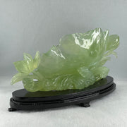 Natural Semi Icy Green Serpentine Tong Zhi on Lotus Leaf and Lotus Flower with Wooden Stand Display 1,458.5g L270.0 by B96.0 by H158.0mm - Huangs Jadeite and Jewelry Pte Ltd