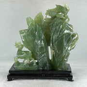 Natural Icy Dark Green Serpentine Double Reindeers with Twin Cranes on Shan Shui with Wooden Stand Display 1,804.8g 210.0 by 109.0 by 228.0mm - Huangs Jadeite and Jewelry Pte Ltd