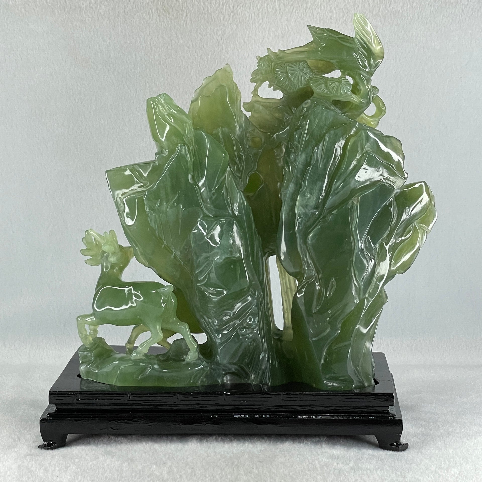 Natural Icy Dark Green Serpentine Double Reindeers with Twin Cranes on Shan Shui with Wooden Stand Display 1,804.8g 210.0 by 109.0 by 228.0mm - Huangs Jadeite and Jewelry Pte Ltd