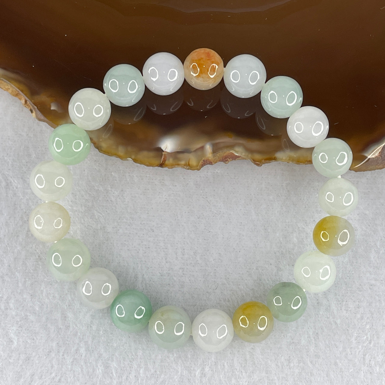 Natural Type A Tricolor Jadeite Beads Bracelet | 15cm Light Blueish Green White Yellow 9.1mm Round Jade Bead Healing Energy Bracelet (25.61g 21 Beads)