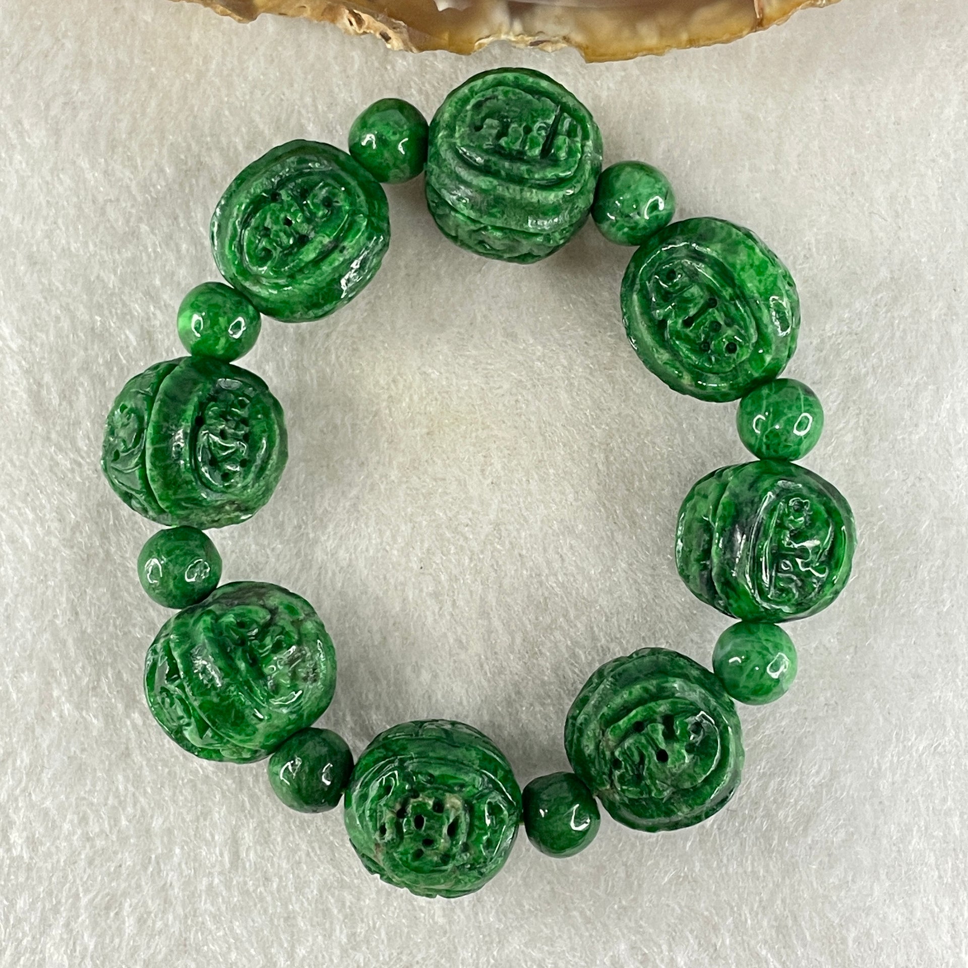 Antique Natural Type A Old mine Spicy Green Jadeite Dragon and Bat Bracelet 46.77g 14.8 by 13.9 by 15.6mm 12cm - Huangs Jadeite and Jewelry Pte Ltd