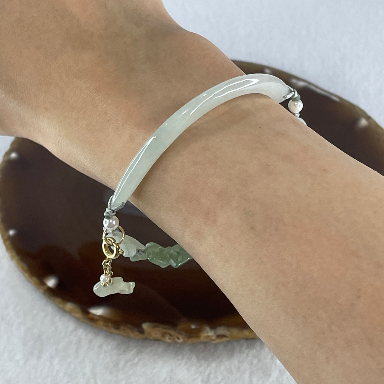 Natural Type A Semi Icy Light Green with Green Jadeite Flower Bracelet 9.95g 16cm 4.4 by 5.8mm - Flower 11.5 by 10.9 by 5.0mm - Huangs Jadeite and Jewelry Pte Ltd