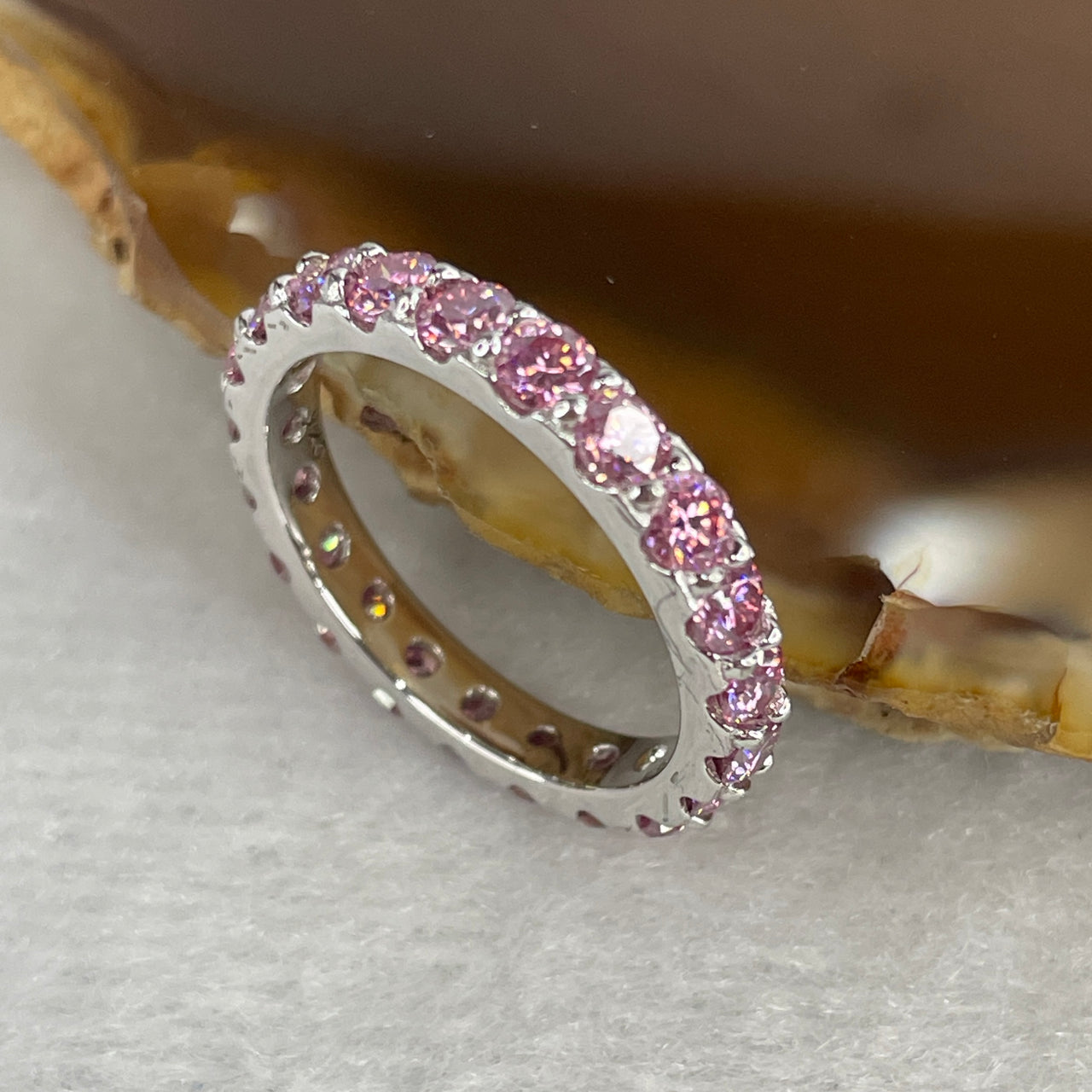 Natural Pink & Colorless Moissanite Eternity Ring | Solid S925 Sterling Silver | US Size 7.1 (HK 15.5) | 3.0mm Pastel "Blushing Ice" Continuous Multi-Color Ribbon Luxury Band (2.70g)