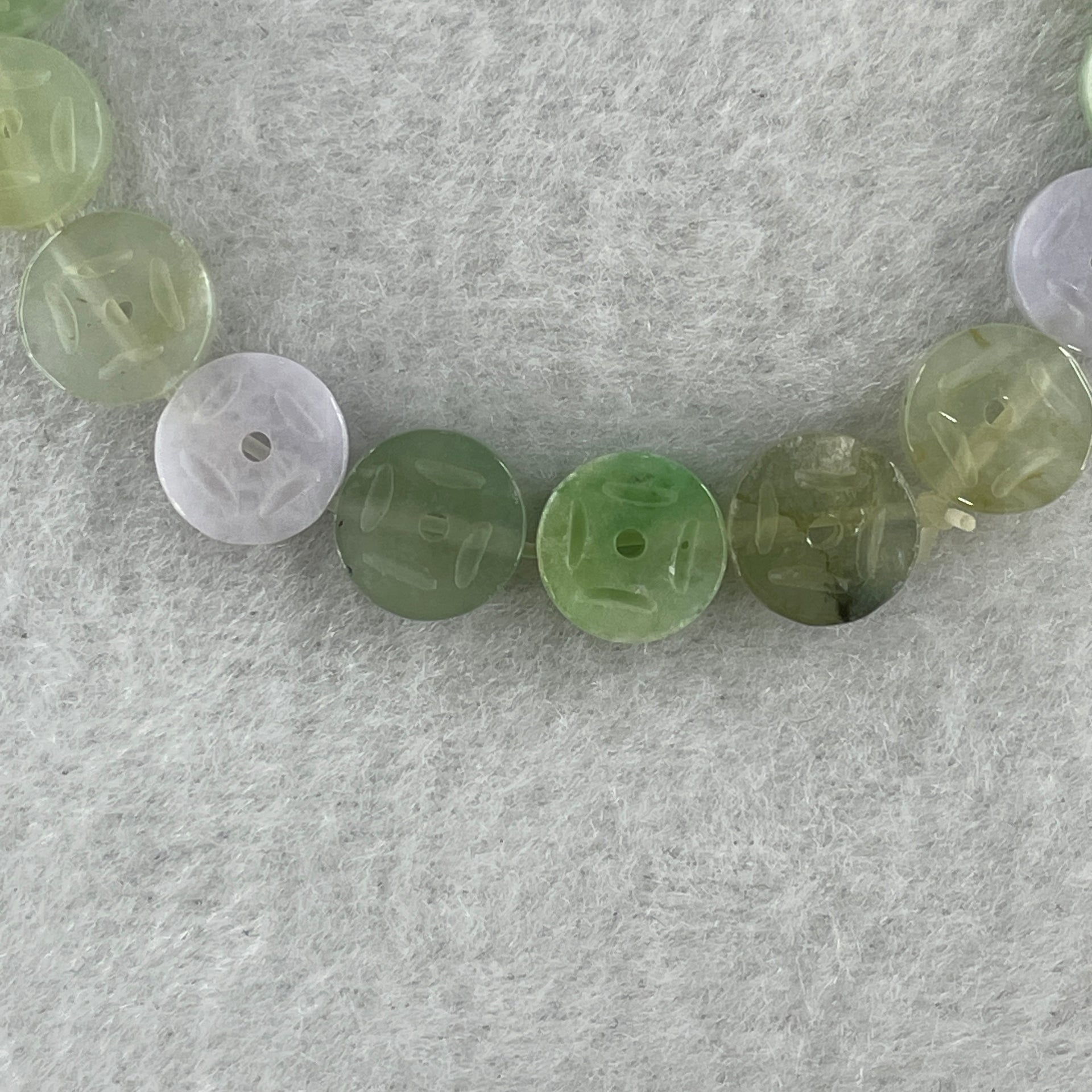 Natural Type A Light Green Light Lavender with Yellow Jadeite Ancient Coin Shape Beads Bracelet 11.58g 16cm 9.1mm 20 Beads - Huangs Jadeite and Jewelry Pte Ltd