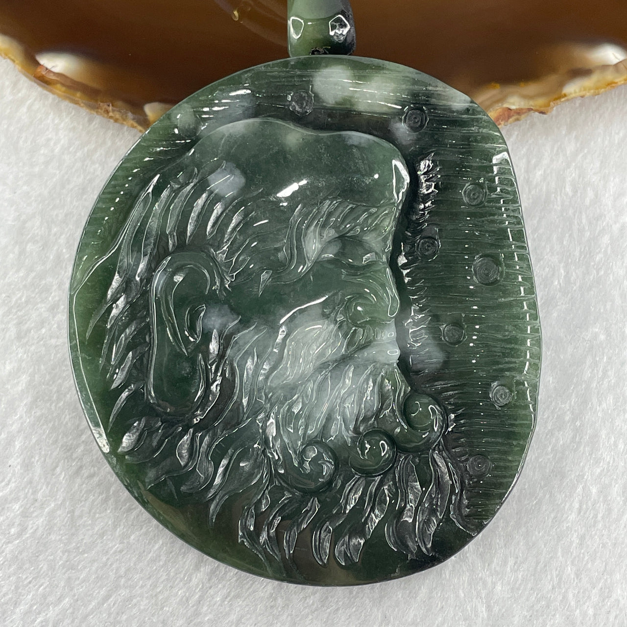 Natural Type A Blueish Green with Dark Brown Jadeite Da Mo Pendant 149.65g 77.1 by 68.1 by 13.5mm