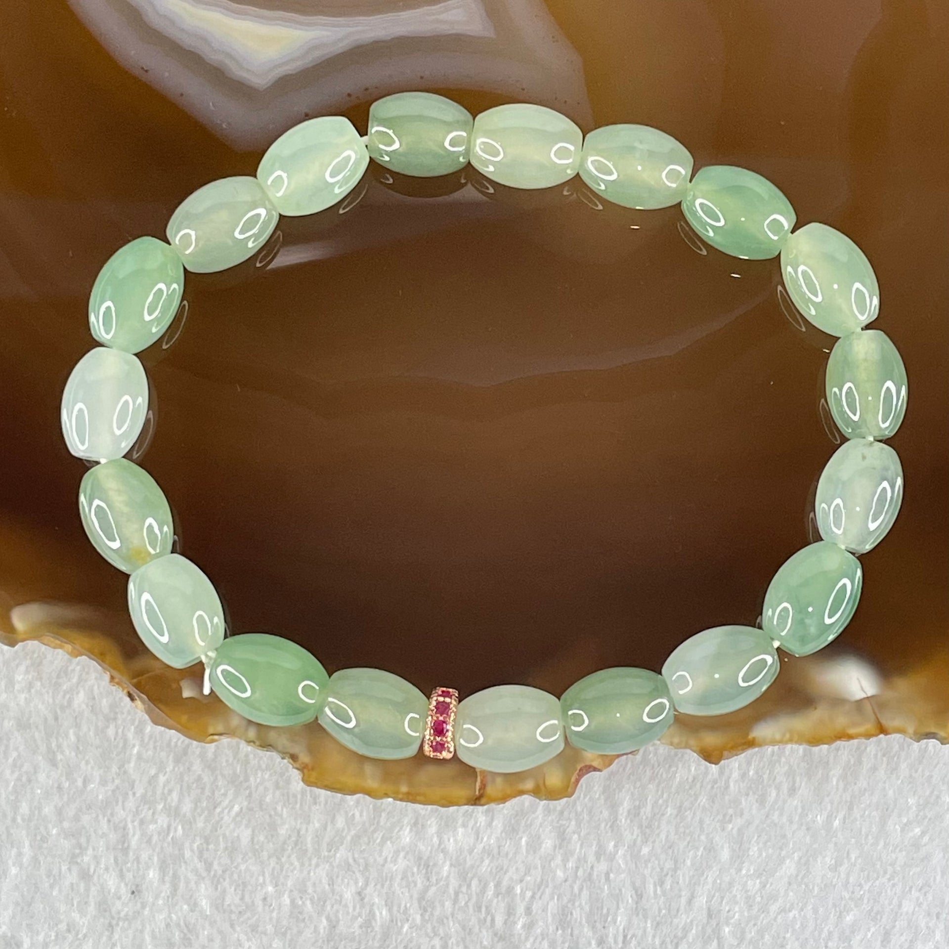 Type A Semi Icy Light Blueish Green Jadeite Beads Bracelet 19.02g 16cm 7.6 by 9.7mm 19 Beads - Huangs Jadeite and Jewelry Pte Ltd