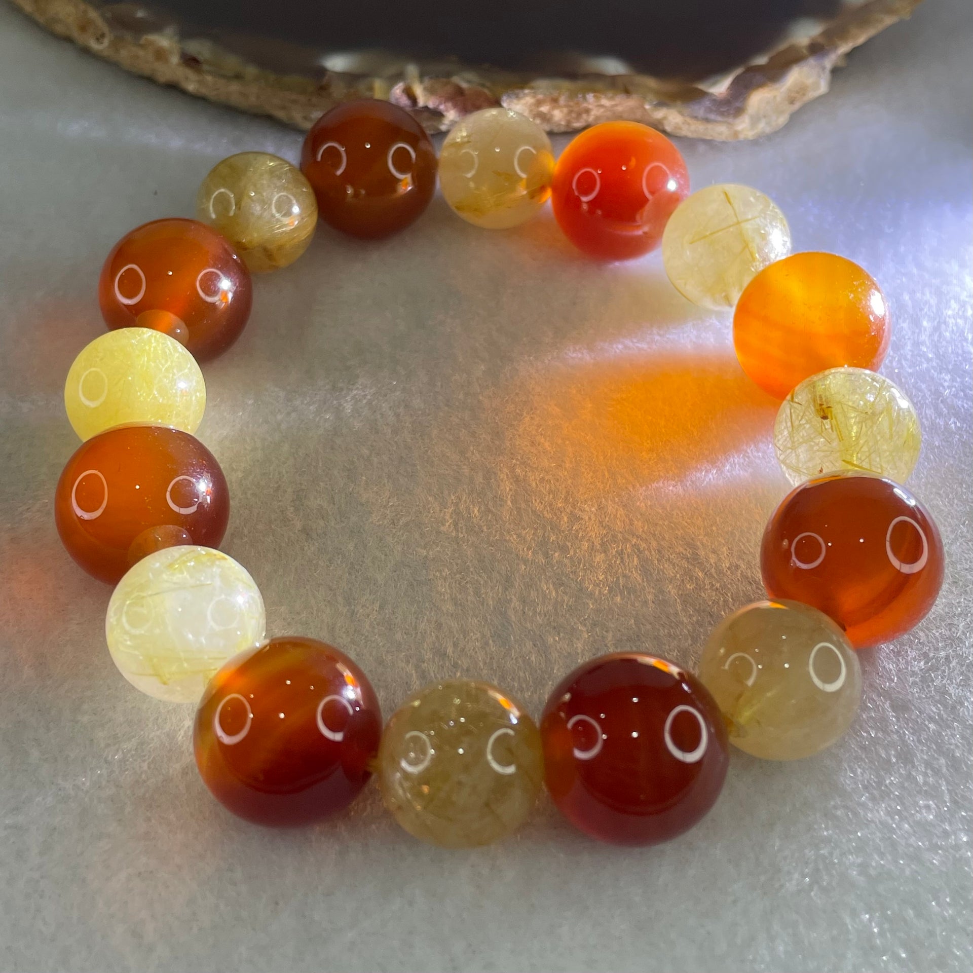 Entry Grade Natural Golden Rutilated Quartz with Orange Crystal Beads Bracelet 70.56g 18.5cm 16.0mm 16 Beads - Huangs Jadeite and Jewelry Pte Ltd