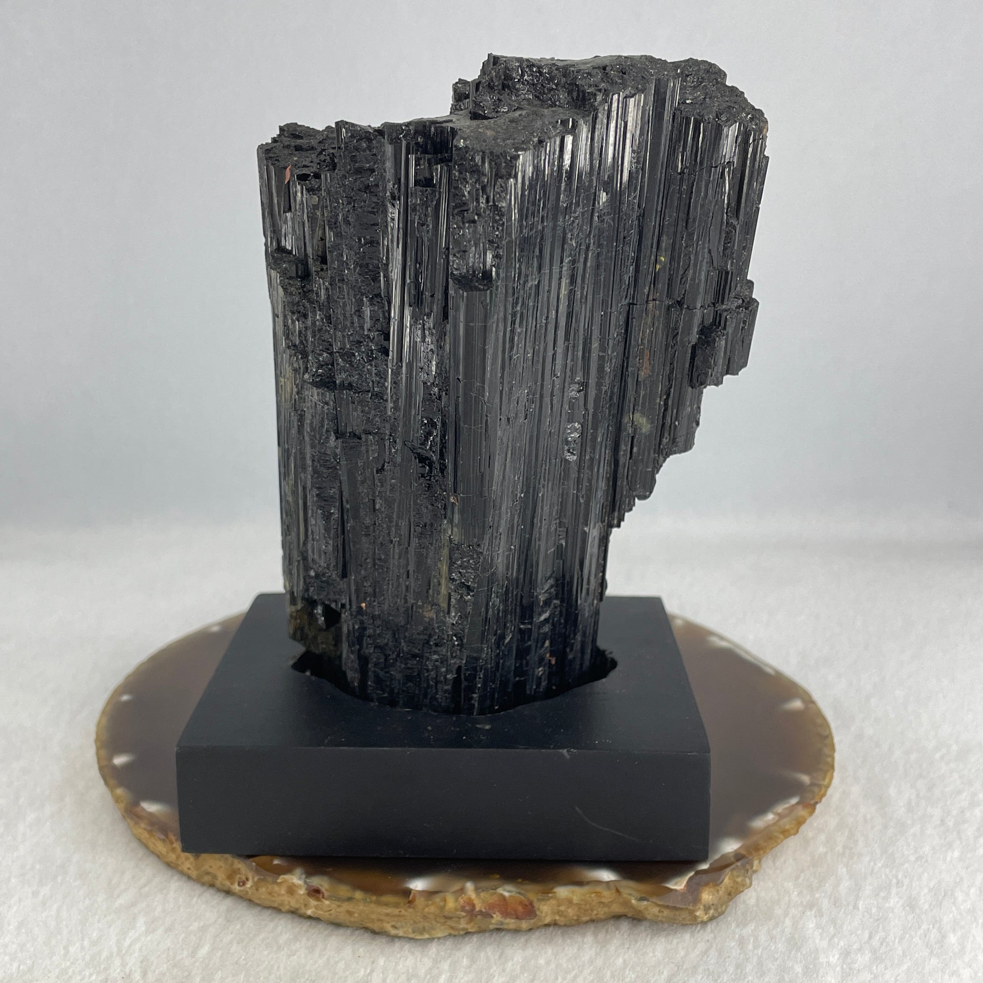 Natural Black Tourmaline Display with Wooden Stand 849.37g 94.6 by 74.8 by 135.0mm - Huangs Jadeite and Jewelry Pte Ltd