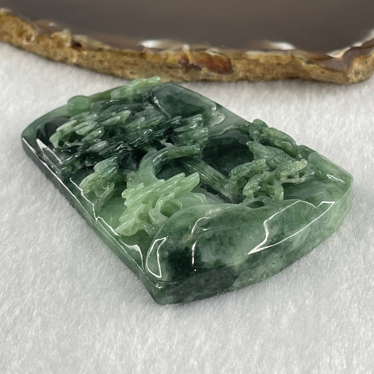 Grand Master Type A Green with Spicy Green Piao Hua Jadeite Shan Shui with Gui Ren Pendant 82.26g 72.0 by 50.0 by 15.0mm