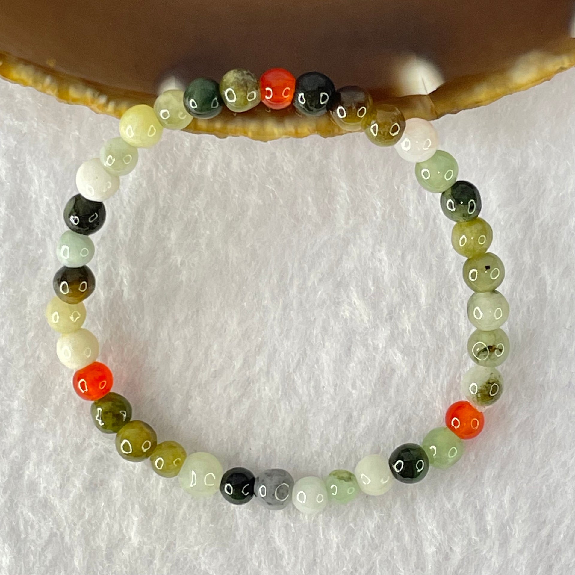 Type A Mixed Color Jadeite and Red Agate Beads Bracelet 6.18g 13.5cm 5.4mm 36 Beads - Huangs Jadeite and Jewelry Pte Ltd