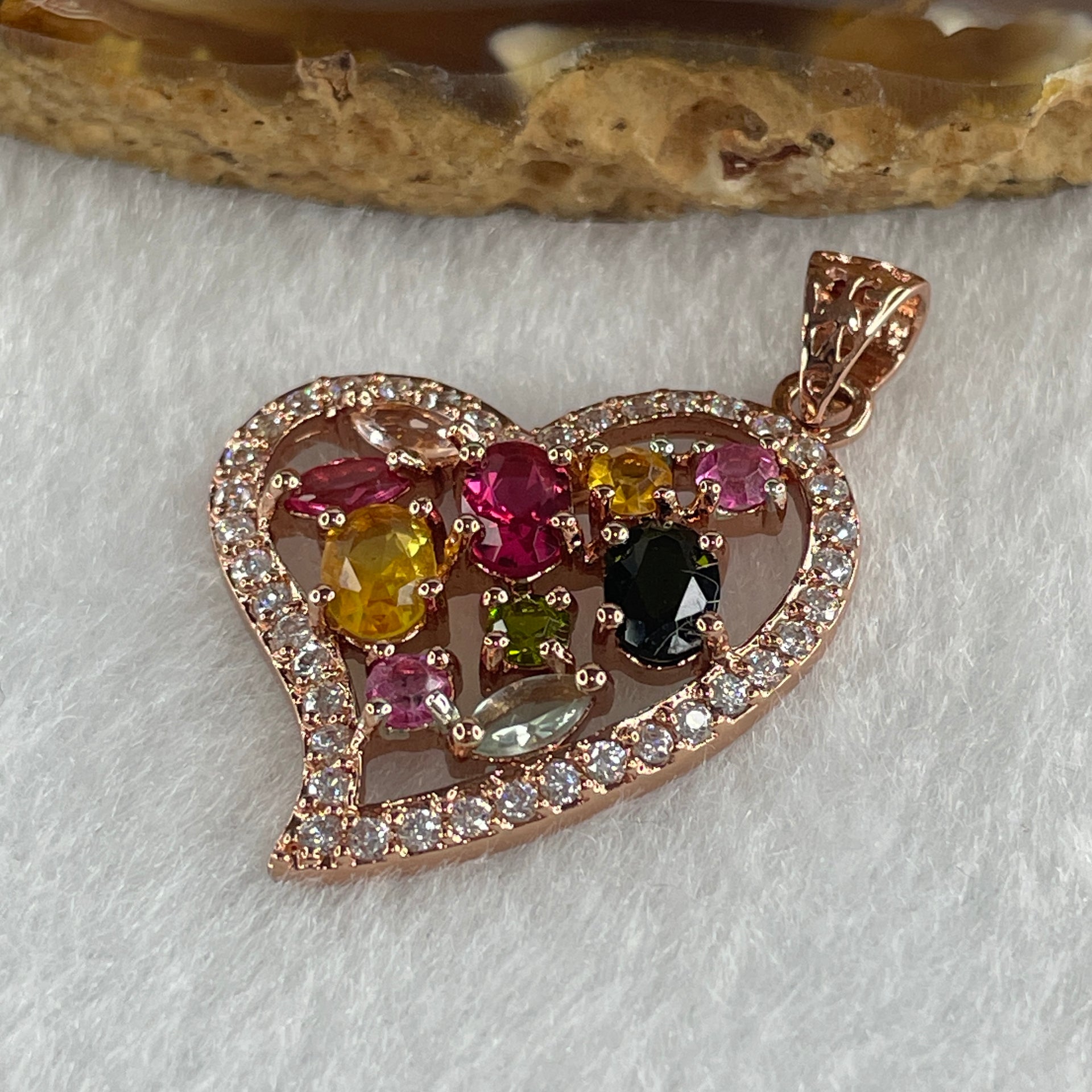 Natural Tourmaline Crystal Heart Shape with Charm Pendant in S925 Sliver 3.83g 5.2 by 4.0 by 1.8mm - Huangs Jadeite and Jewelry Pte Ltd