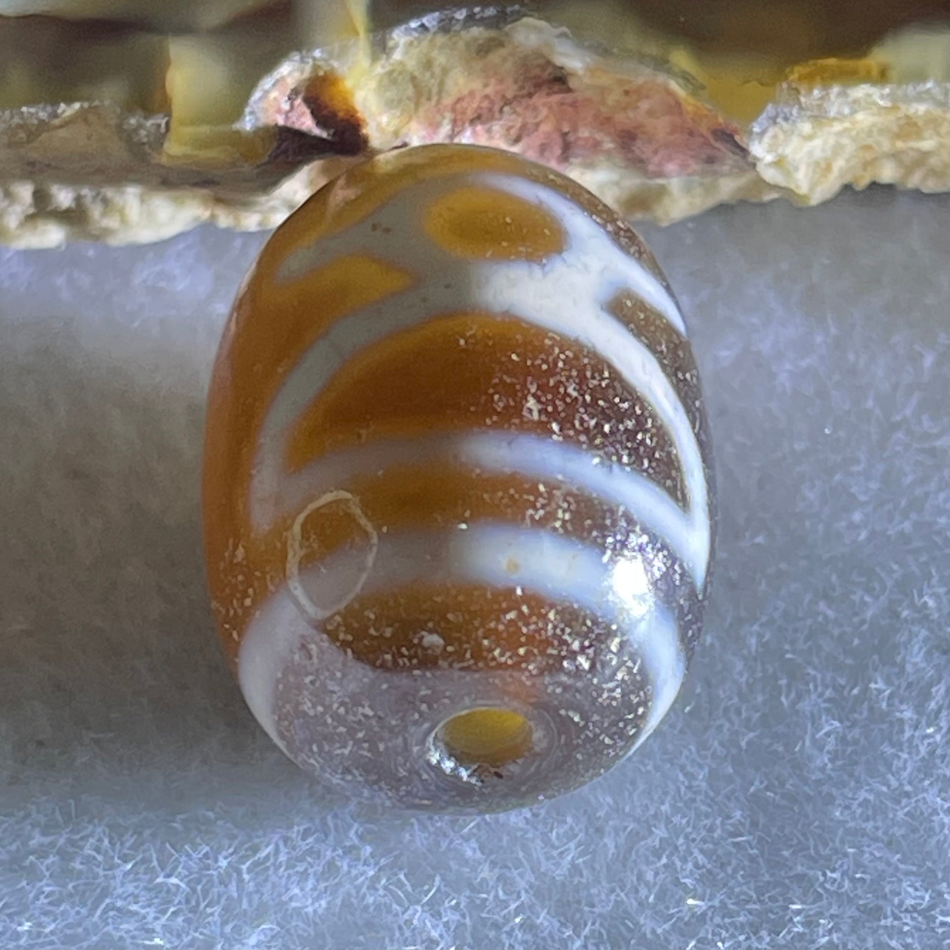 Natural Powerful Tibetan Old Oily Double Agate Cai Shen Dzi Bead Heavenly Master (Tian Zhu) 财神长天珠 4.62g 17.5 by 13.1mm - Huangs Jadeite and Jewelry Pte Ltd