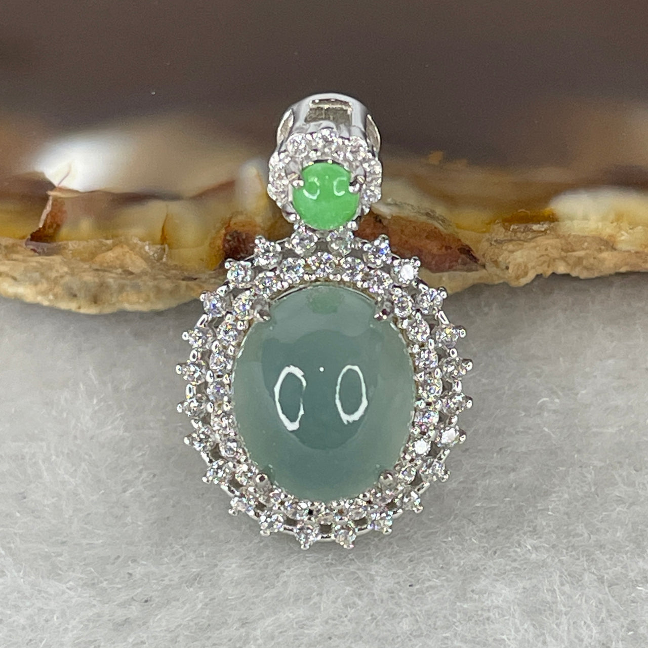 Natural Type A Semi-Icy Blueish Green Jadeite Cabochon Pendant | Premium S925 Sterling Silver Clasp Puffy Glacial Ocean Statement Charm (3.24g 10.3x8.7x6.0mm)