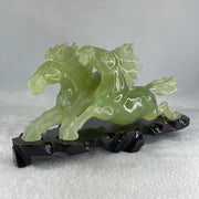 Natural Green Serpentine Double Horse with Wooden Stand Display 971.8g 220.0 by 104.5 by 115.0mm - Huangs Jadeite and Jewelry Pte Ltd