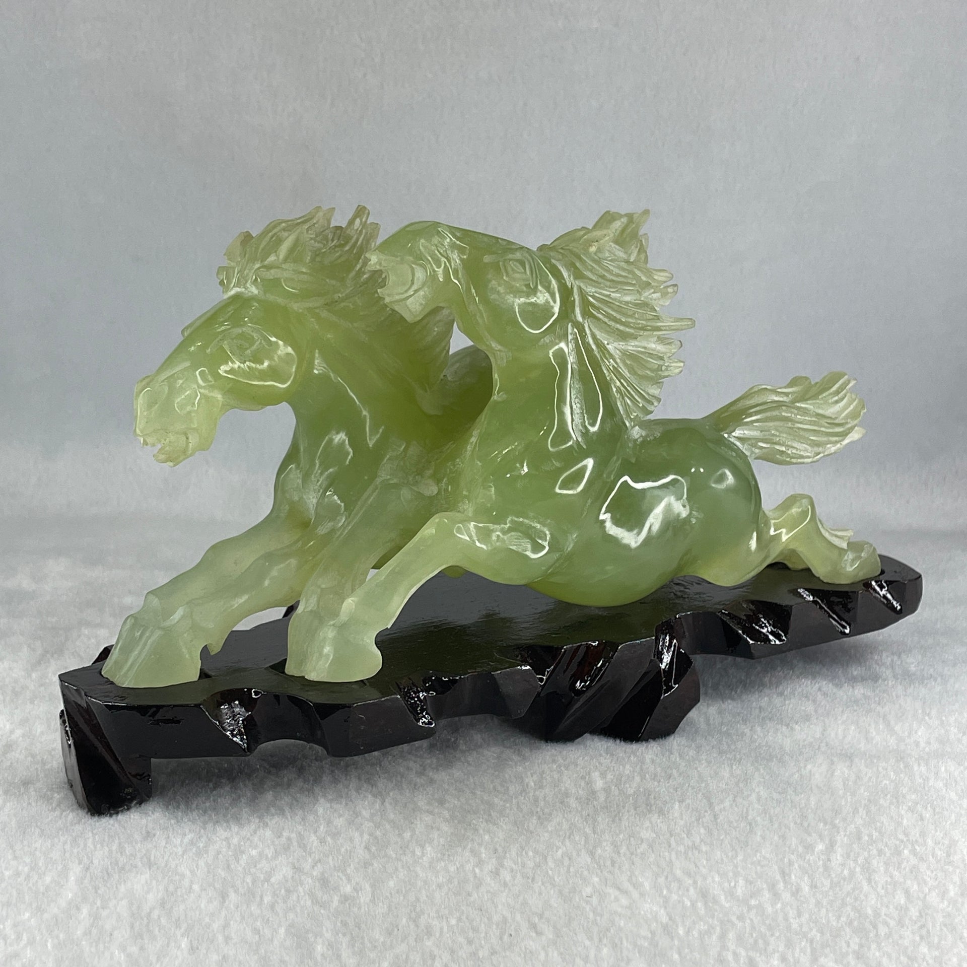 Natural Green Serpentine Double Horse with Wooden Stand Display 971.8g 220.0 by 104.5 by 115.0mm - Huangs Jadeite and Jewelry Pte Ltd