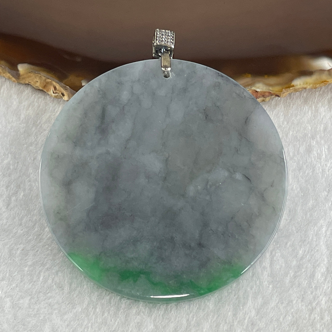 Natural Type A Wuji Grey with High End Bright Green Jadeite Round Wu Shi Pai in S925 Silver with Colourless Cubic Zirconia Pendant 45.18g 56.3 by 5.5mm