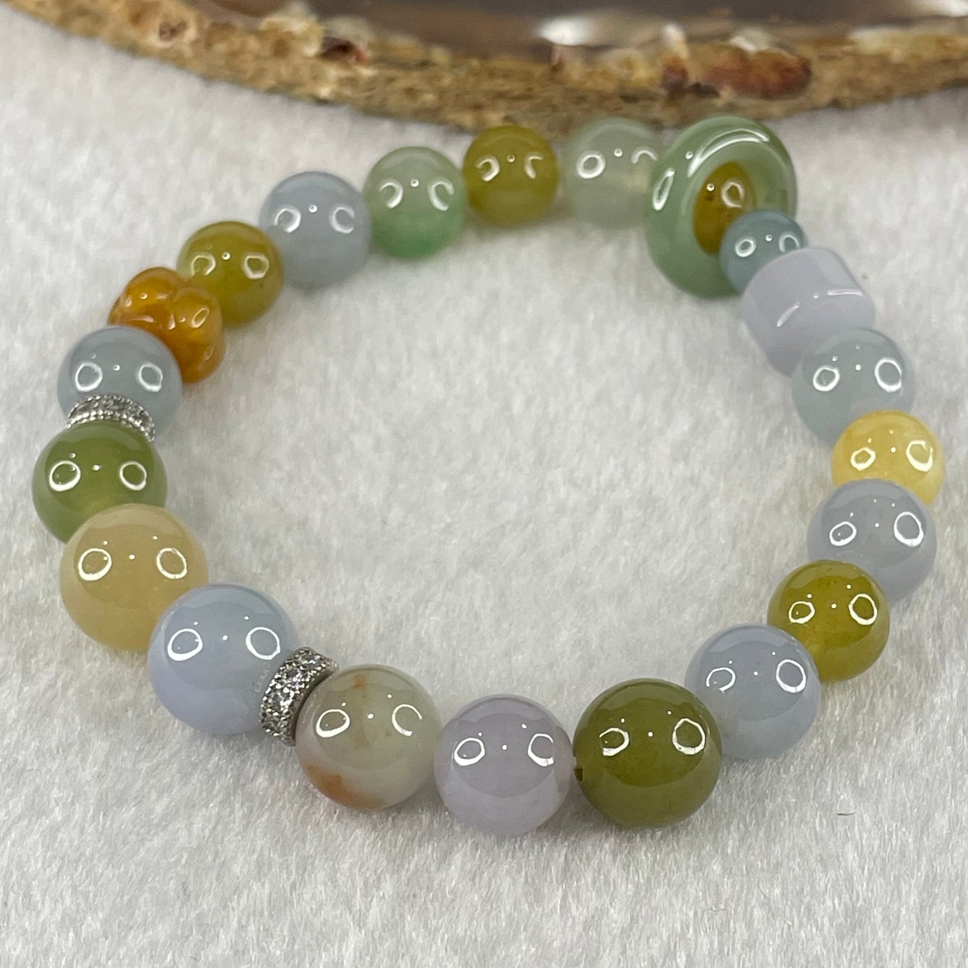 Type A Muti Color Jadeite Beads with Blueish Green Ping An Kou Donut Charm and Yellow Lotus Charm Bracelet 27.01g 15cm 9.9mm 18 Beads 14.5 by 4.1mm 1pcs - Huangs Jadeite and Jewelry Pte Ltd