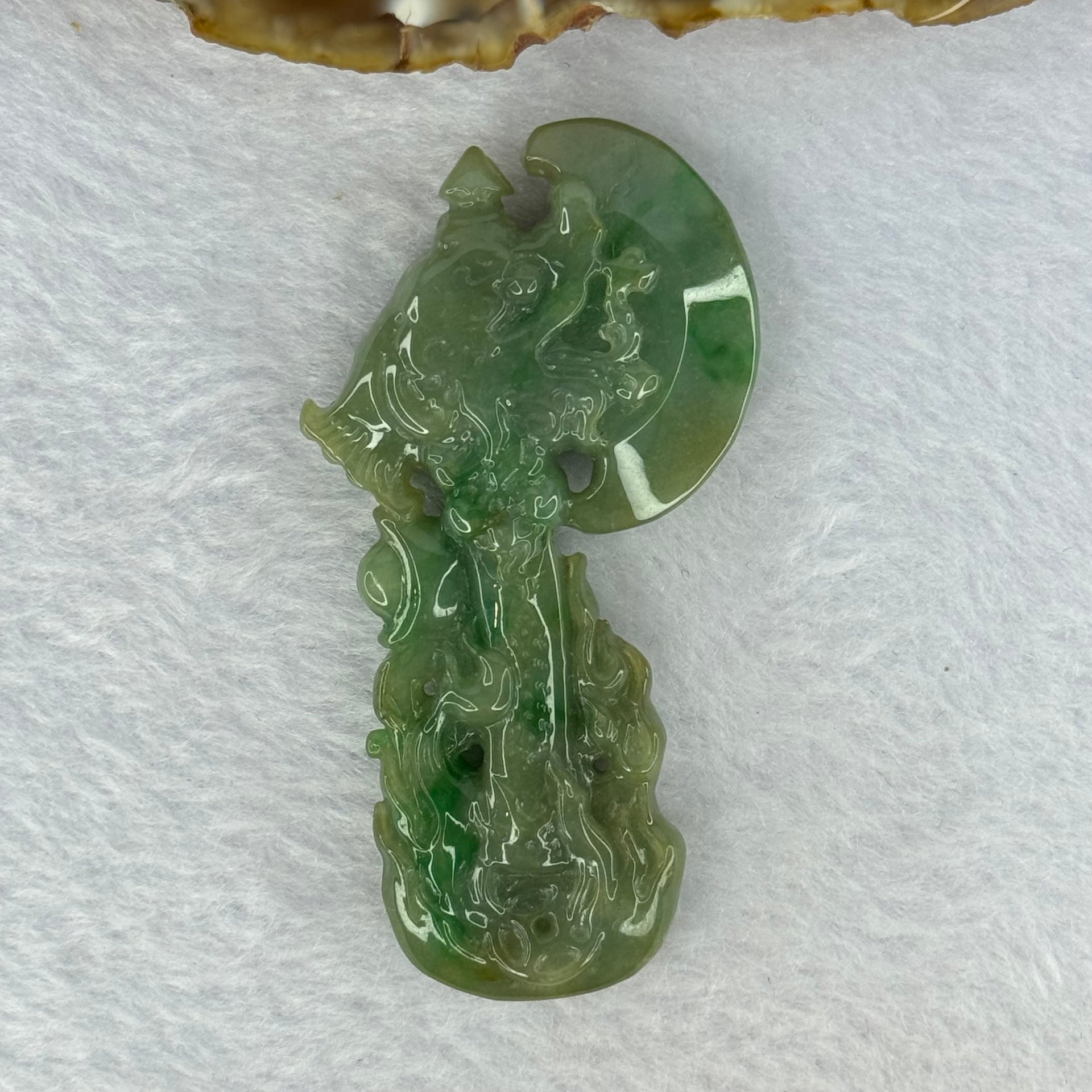Type A Green Jadeite Dragon Axe with Ingot Pendent 36.64g 69.6 by 36.6 by 11.4mm - Huangs Jadeite and Jewelry Pte Ltd