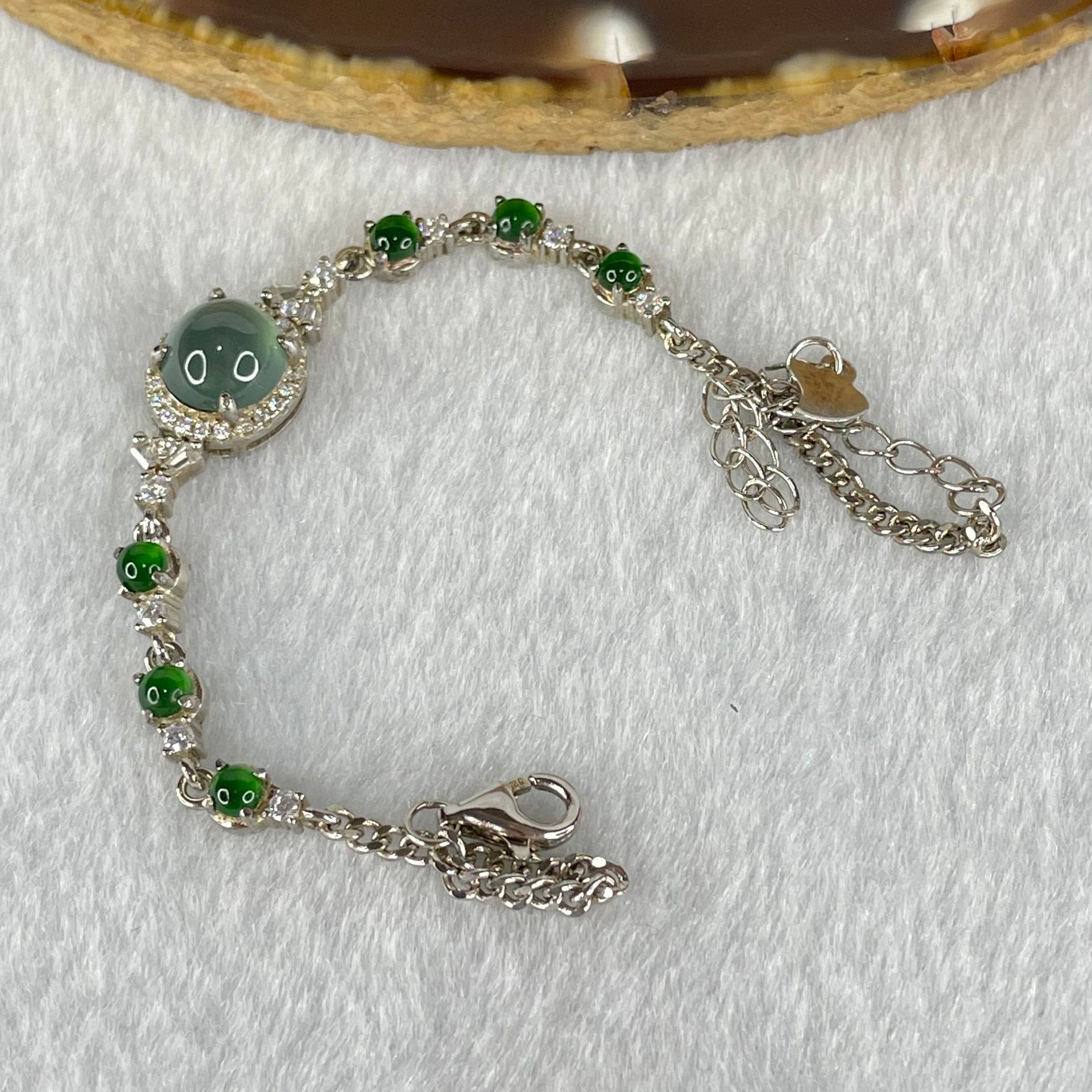 Type A Icy Blueish Green 7.2 by 5.0mm and Icy Green Omphasite Jadeite Cabochon With Crystals in S925 Sliver Bracelet 4.70g - Huangs Jadeite and Jewelry Pte Ltd