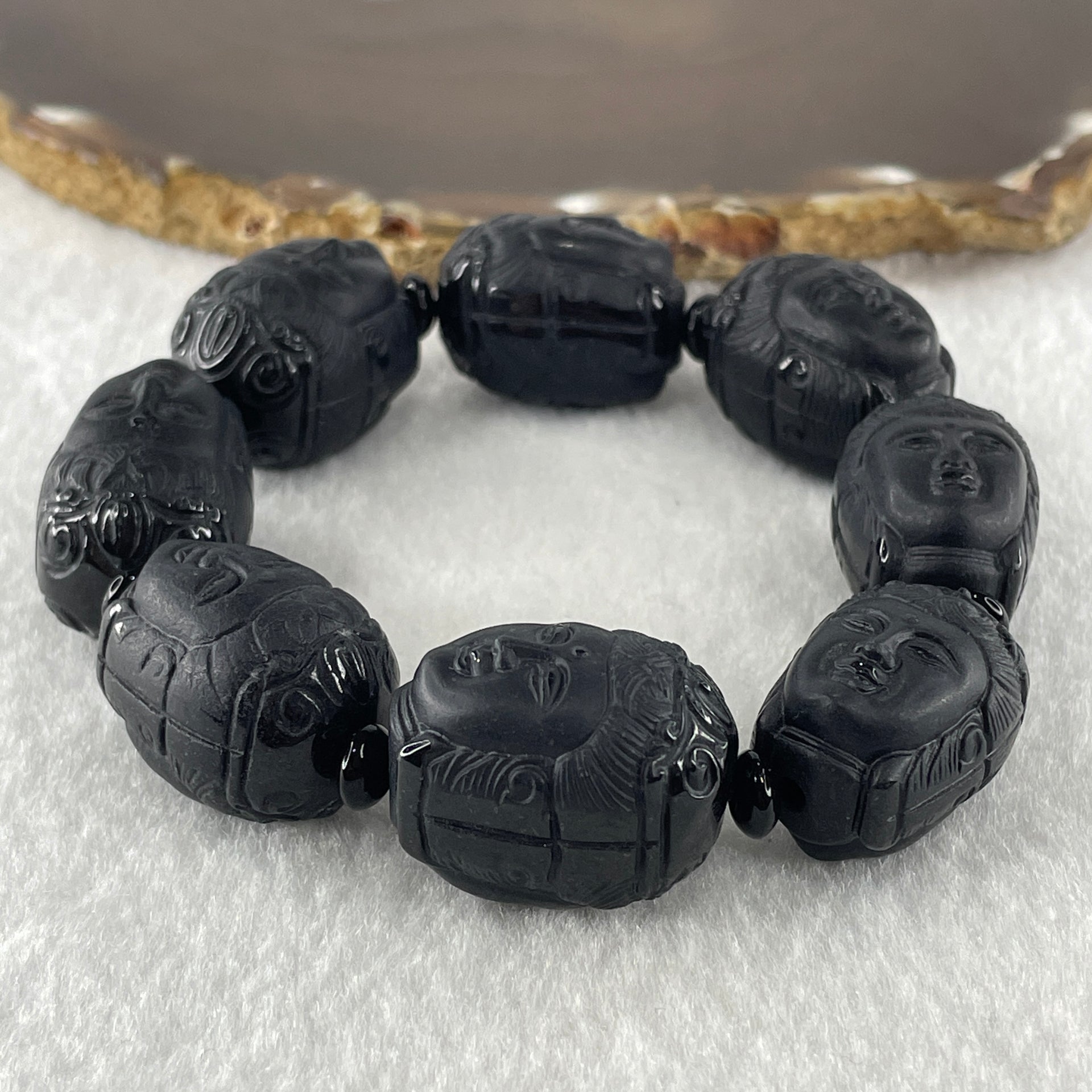 Type A Opaque Black Omphacite Jadeite Guan Yin Head Beads Bracelet 117.05g 16cm 19.7mm 8 Beads - Huangs Jadeite and Jewelry Pte Ltd